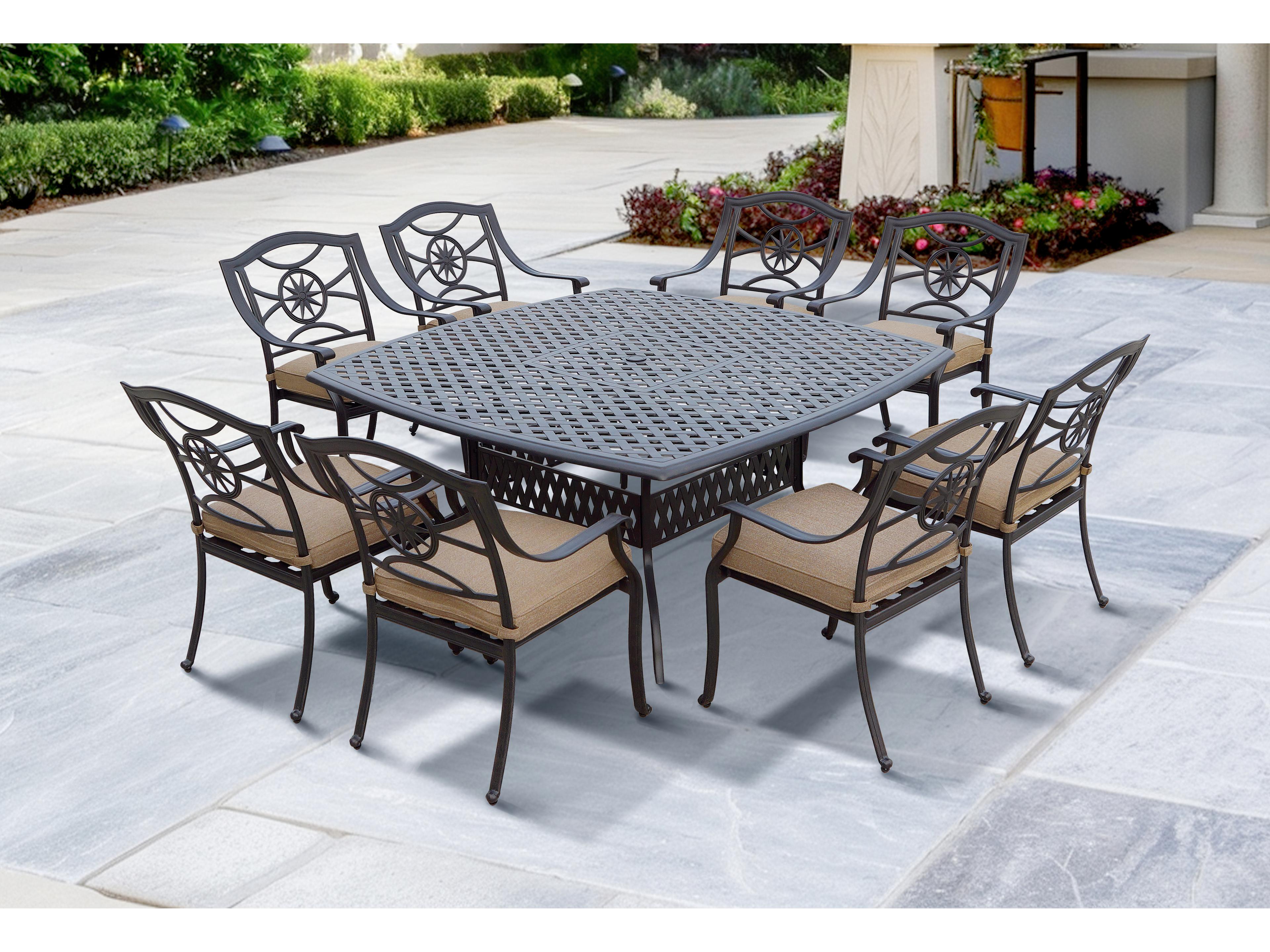 Ten Star Antique Bronze Cast Aluminum 9 Piece Dining Set in Sesame Cushions with 64'' Wide Square Dining Table