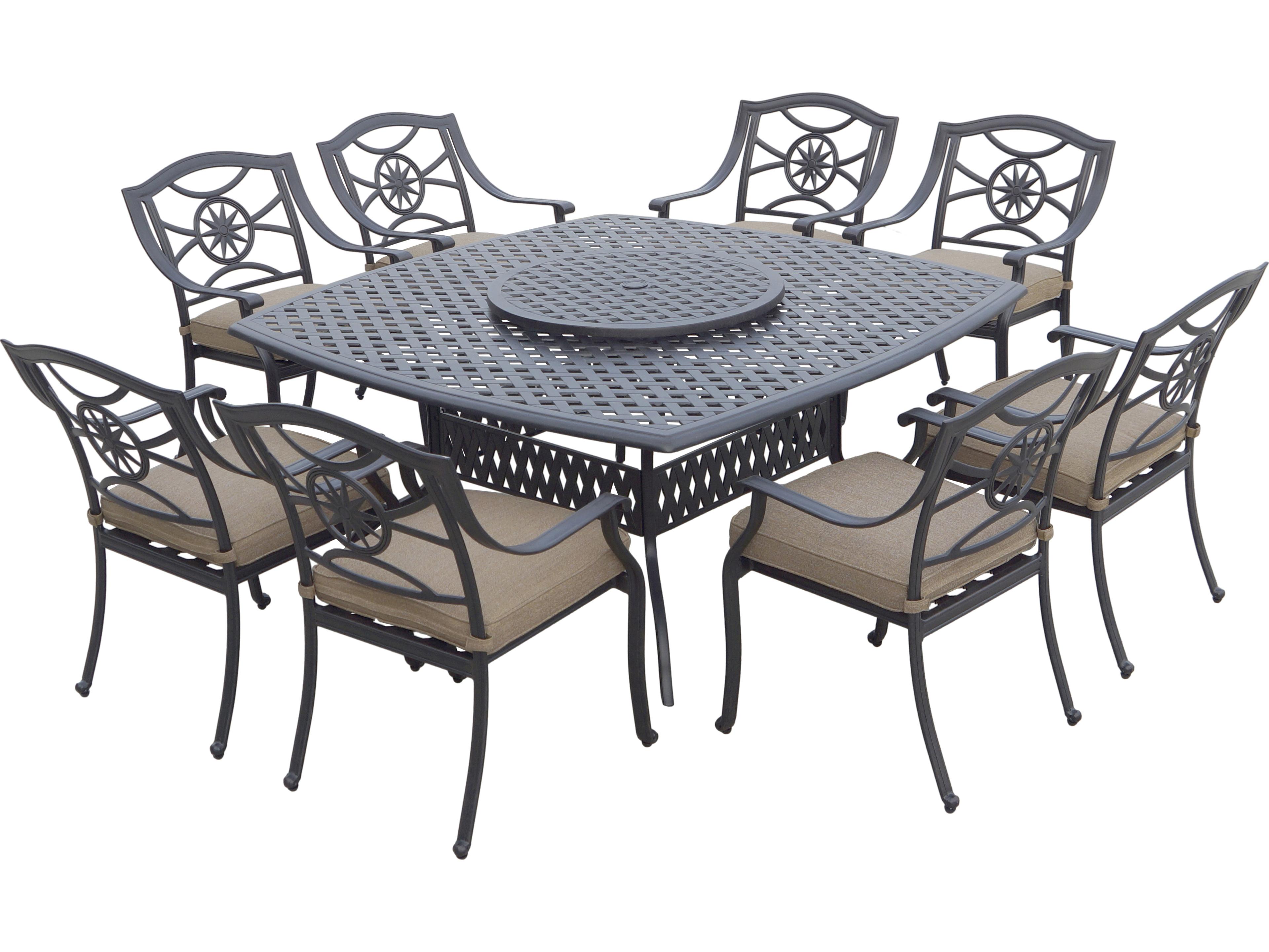 Ten Star Antique Bronze Cast Aluminum 10 Piece Dining Set in Sesame Cushions with 64'' Wide Square Dining Table and Lazy Susan