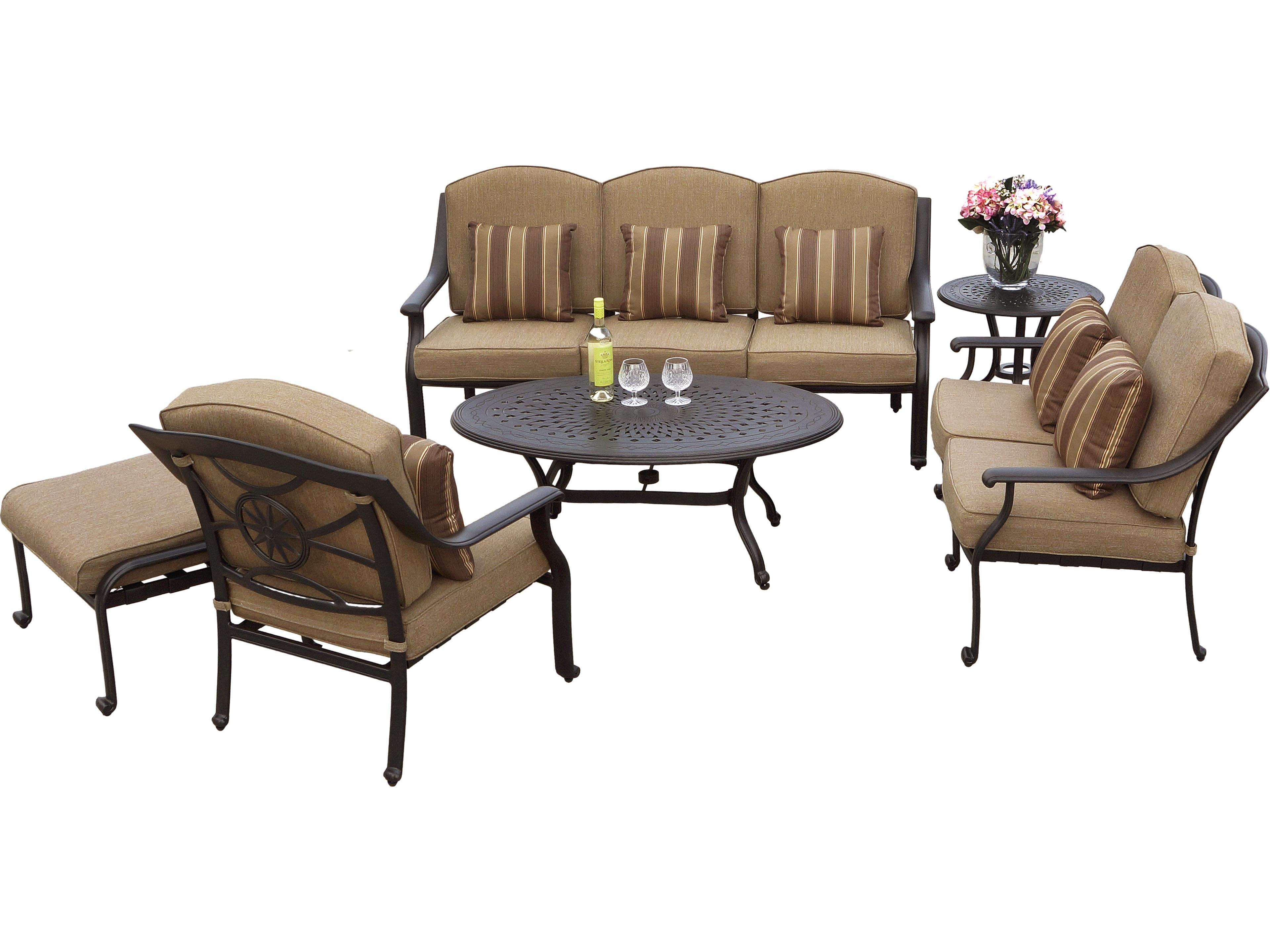 Darlee Outdoor Living Ten Star Antique Bronze Cast Aluminum 6 Piece Lounge Set in Sesame Cushions with 46''W x 31''D Rectangular Oval Coffee Table