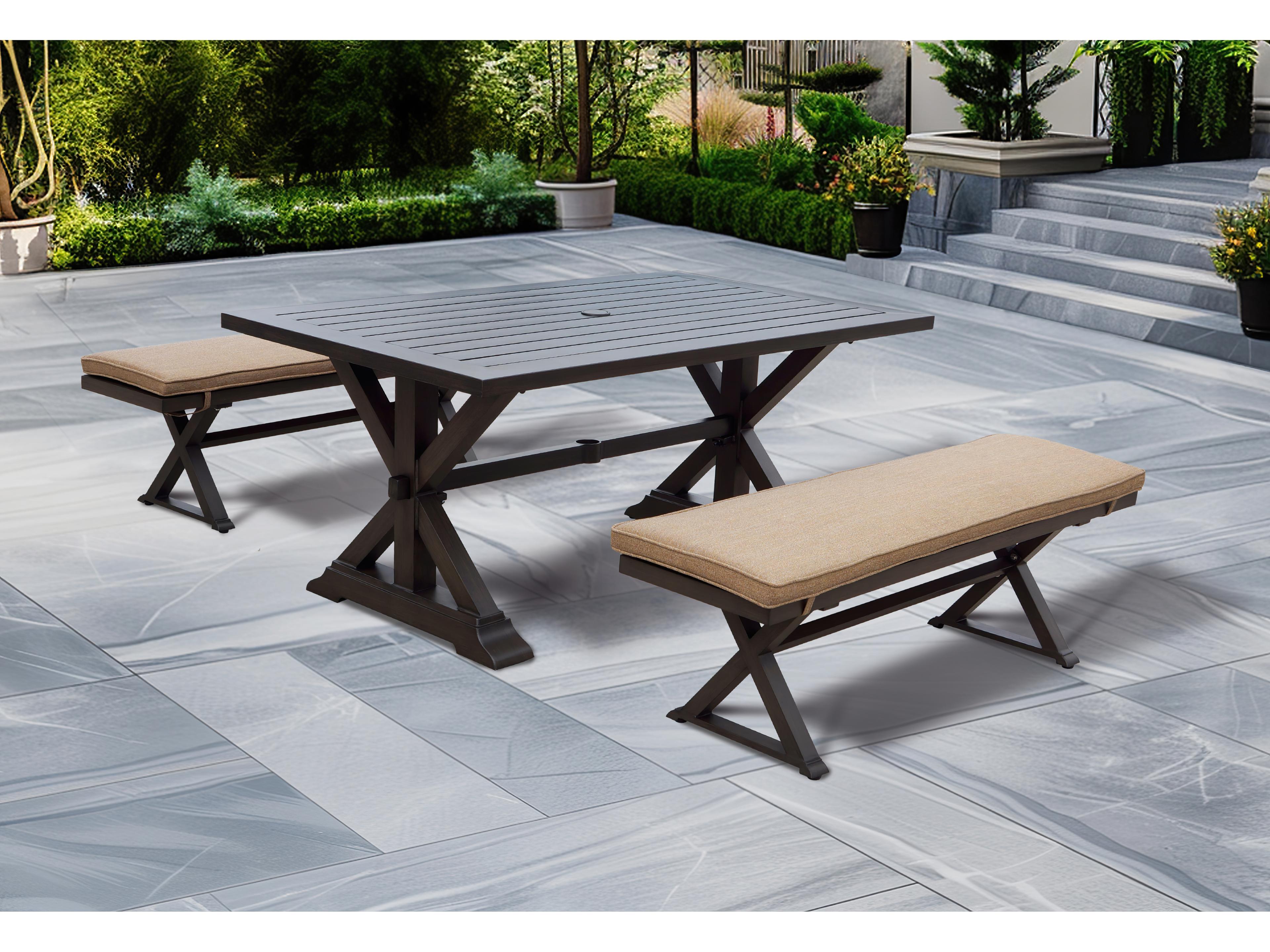 Brooklyn Aluminum Multibrown 3 Piece Dining Set in Sesame Cushions with 67''W x 39''D Rectangular Dining Table