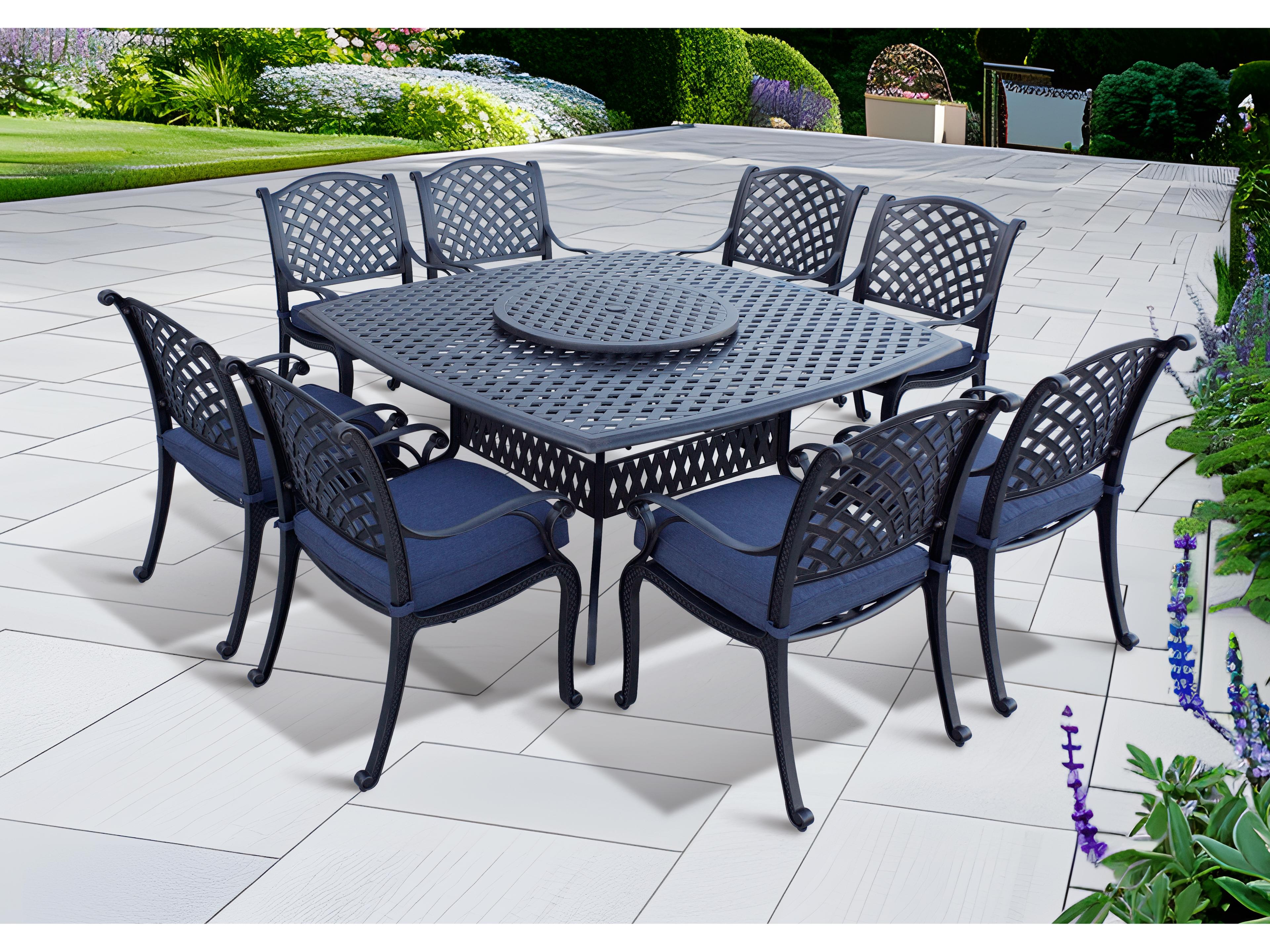 Nassau Cast Aluminum Antique Bronze 10 Piece Dining Set with 64'' Wide Square Dining Table and Lazy Susan