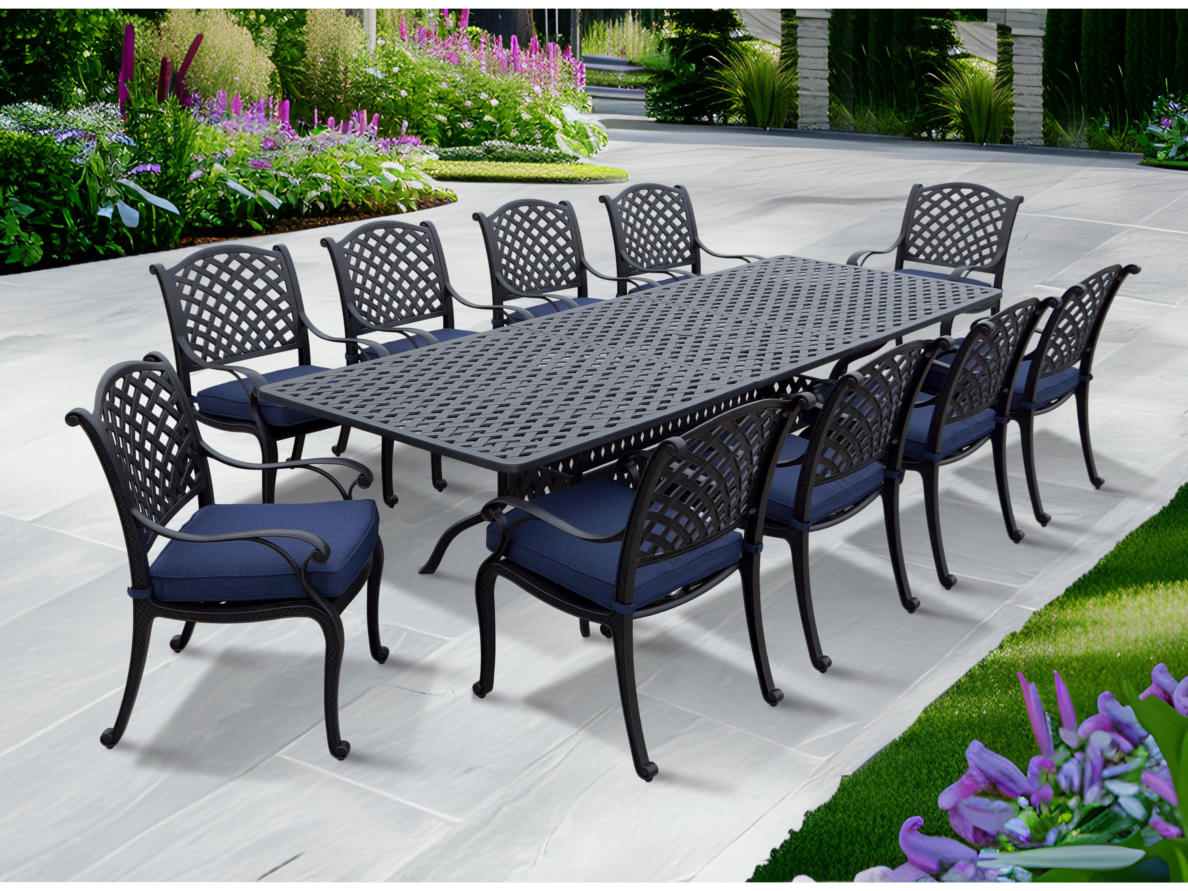 Nassau Cast Aluminum Antique Bronze 11 Piece Dining Set with 92-120''W x 42''D Rectangular Extension Table