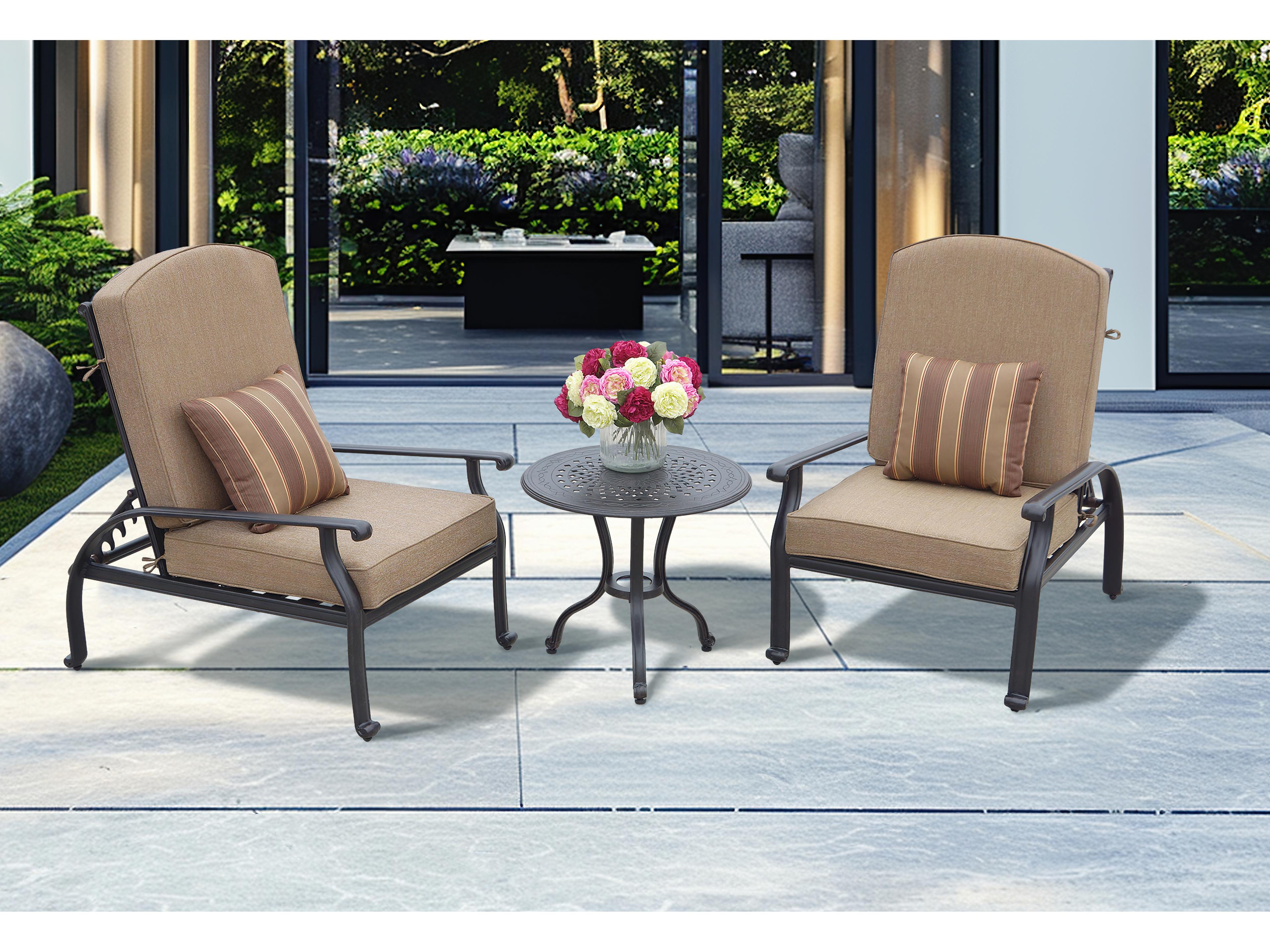 Nassau Cast Aluminum Antique Bronze 3 Piece Lounge Set in Sesame Cushions with 24'' Wide Round End Table