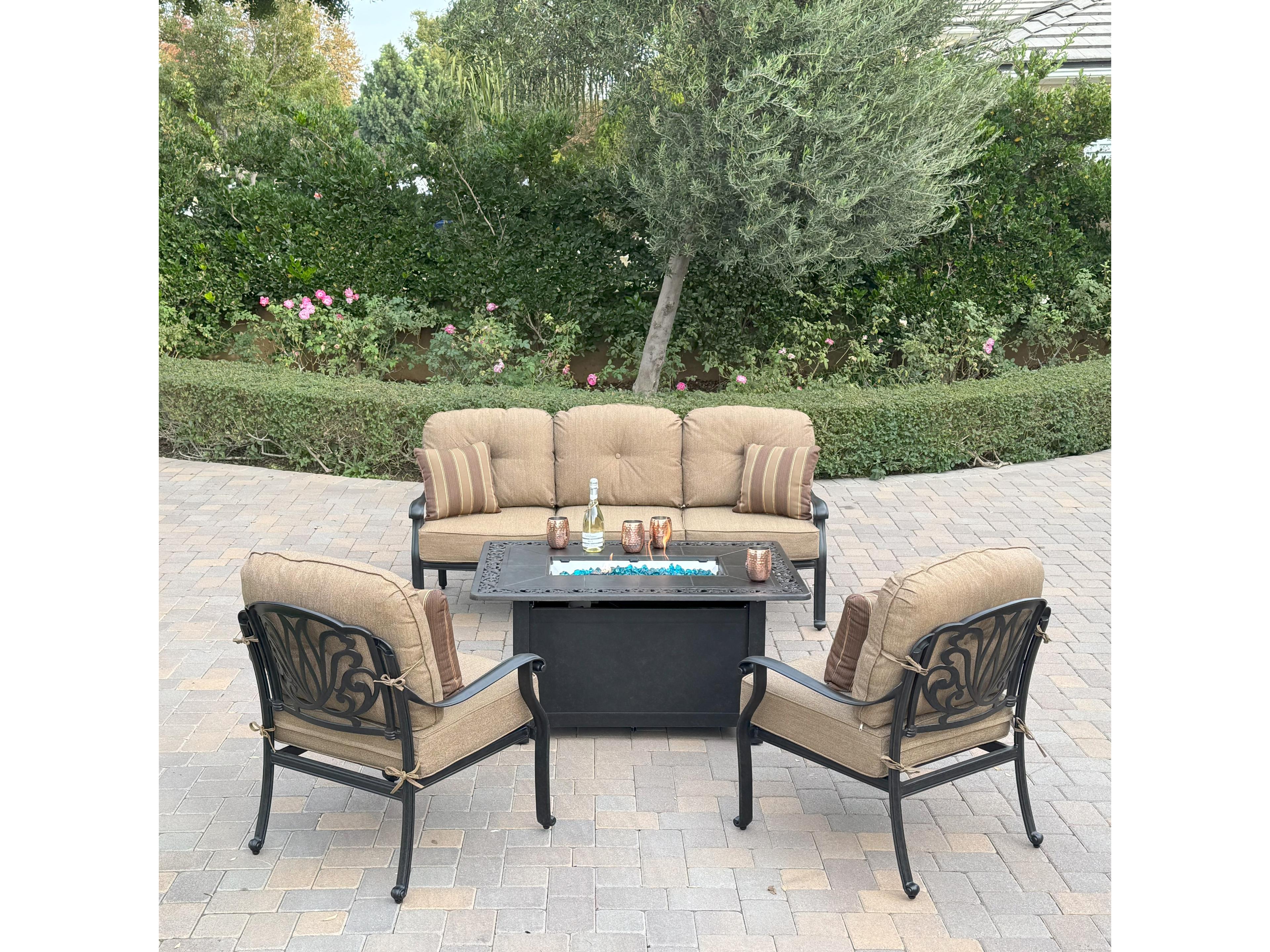 Elisabeth Cast Aluminum 4-Piece Conversation Set with 49" x 35" Rectangular Fire Pit Chat Table