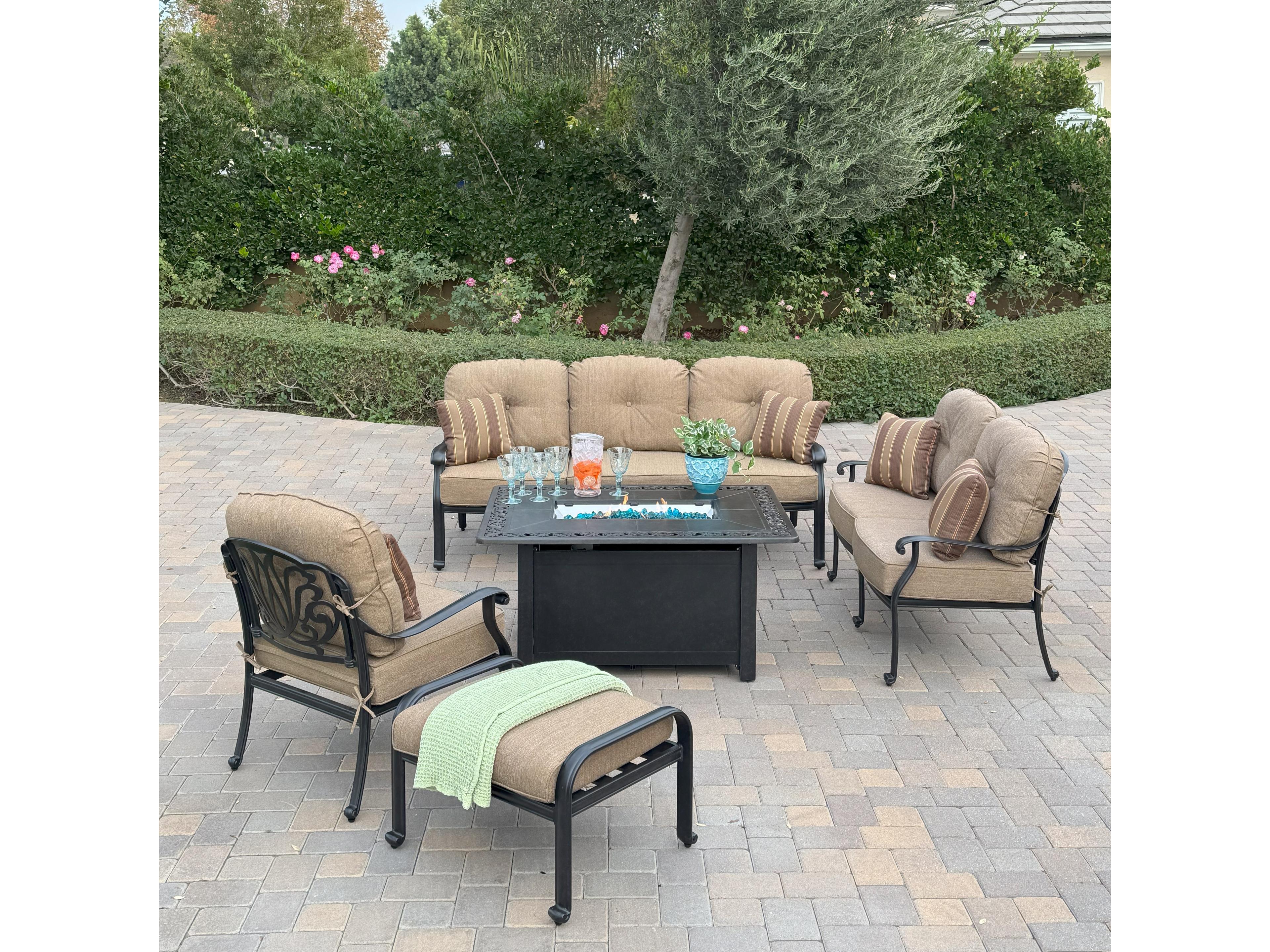 Elisabeth Cast Aluminum 5-Piece Conversation Set with 49" x 35" Rectangular Fire Pit Chat Table