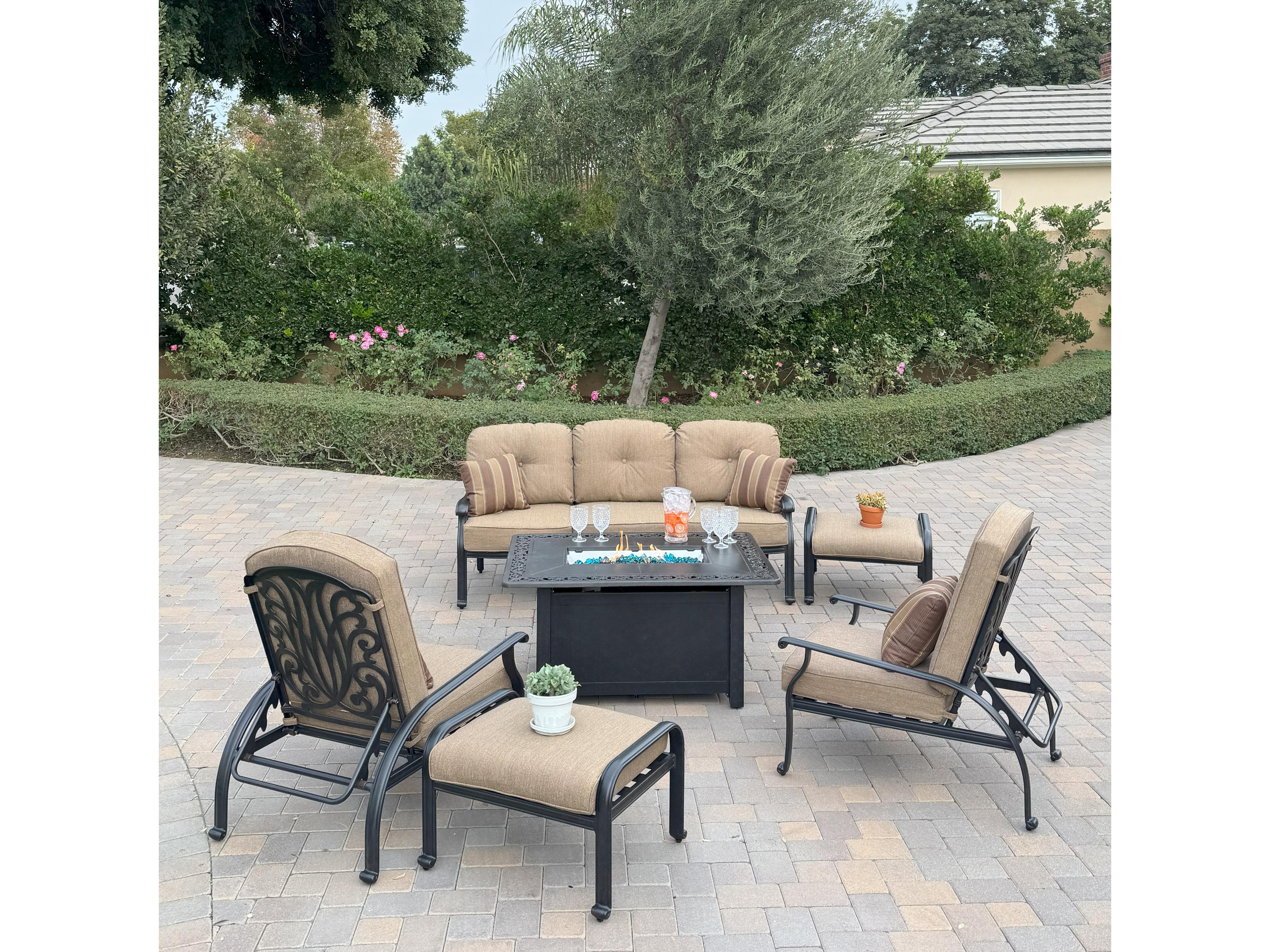 Elisabeth Cast Aluminum 6-Piece Conversation Set with 49" x 35" Rectangular Fire Pit Chat Table