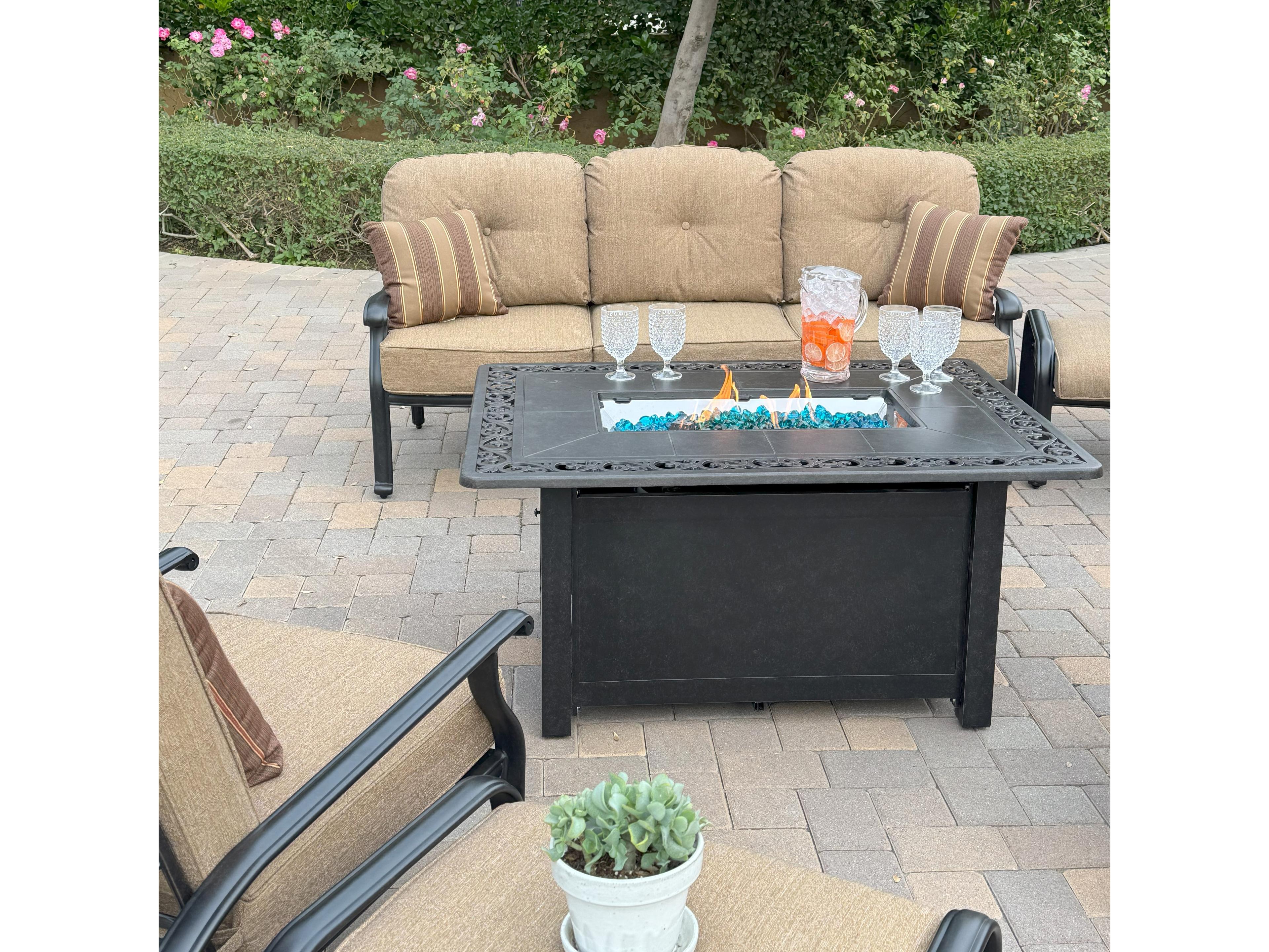 Darlee Outdoor Living Elisabeth Cast Aluminum 6-Piece Conversation Set with 49" x 35" Rectangular Fire Pit Chat Table