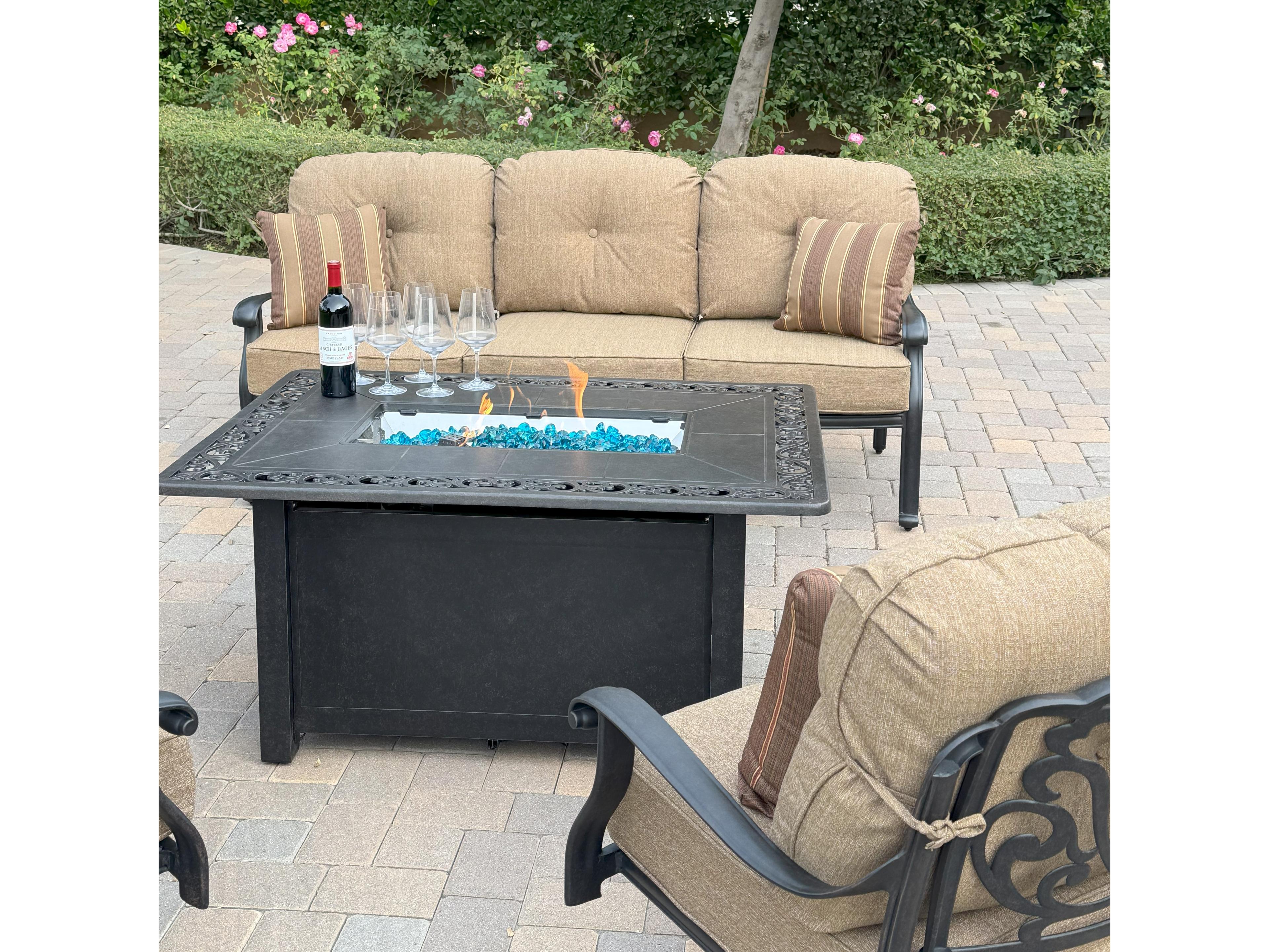 Darlee Outdoor Living Elisabeth Cast Aluminum 6-Piece Conversation Set with 49" x 35" Rectangular Fire Pit Chat Table