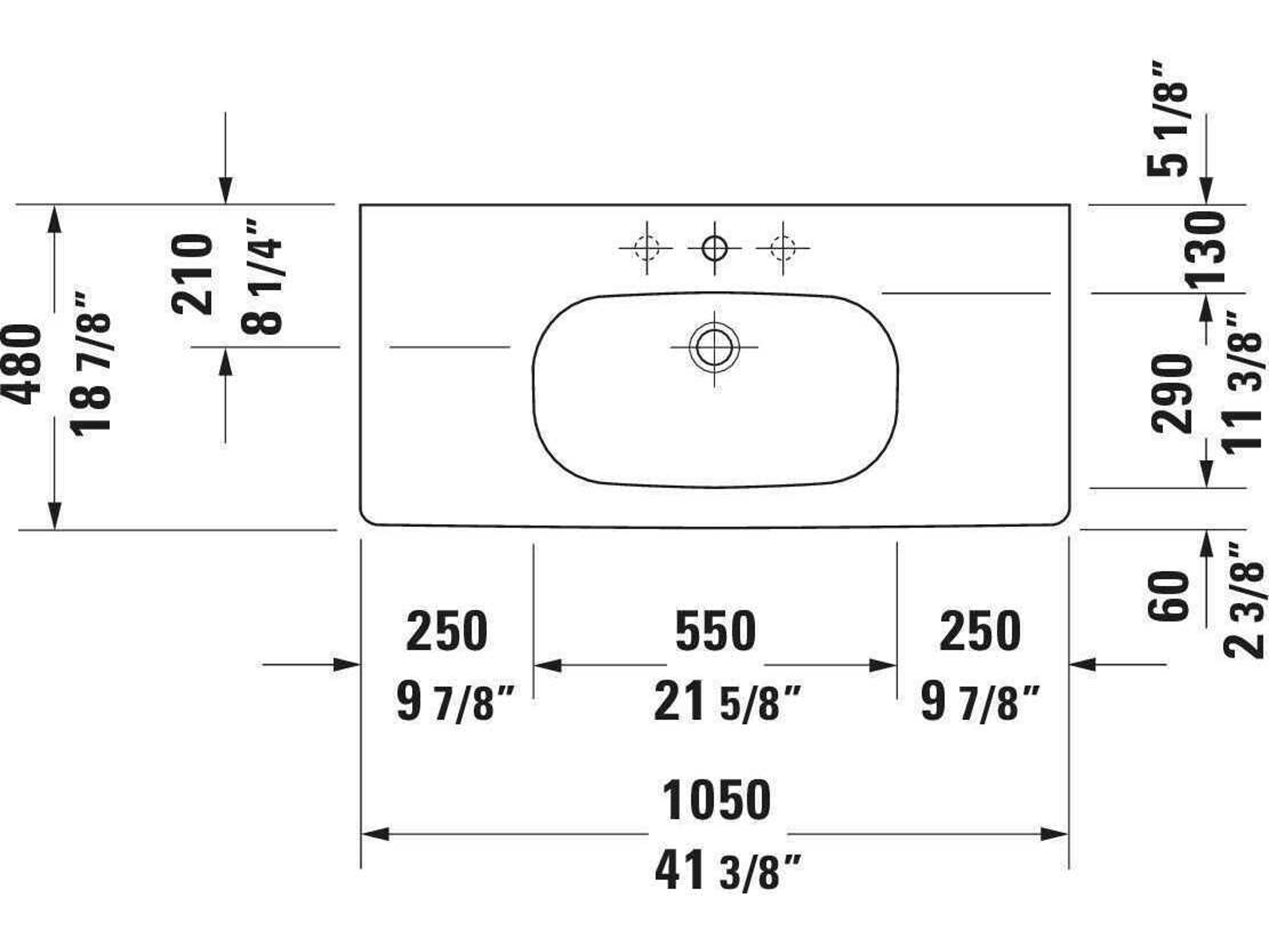 Duravit D-code 41'' Ceramic White High Gloss Sink with 3 Faucet hole
