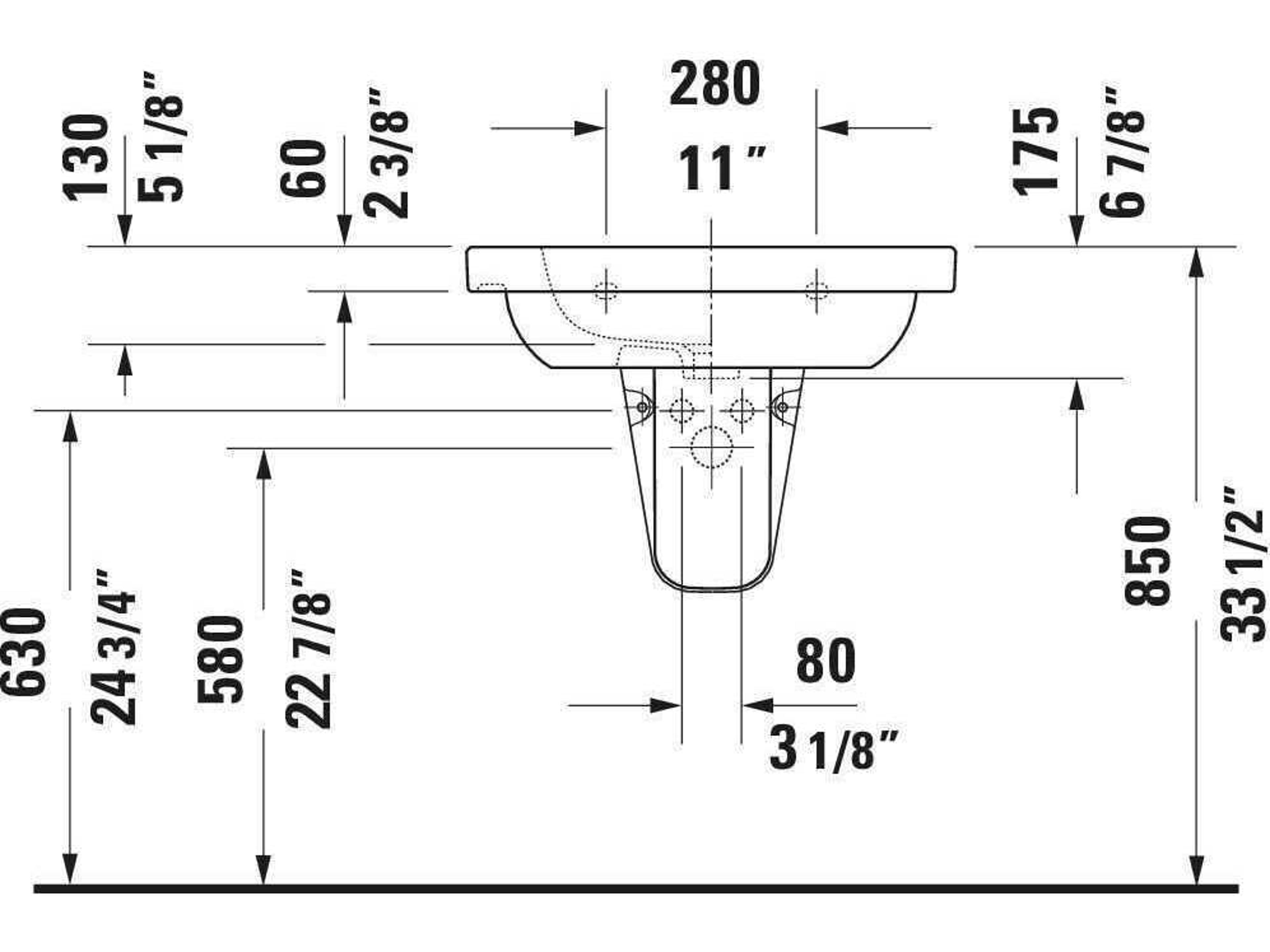 Duravit D-code 26'' Ceramic White High Gloss Sink with 3 Faucet hole