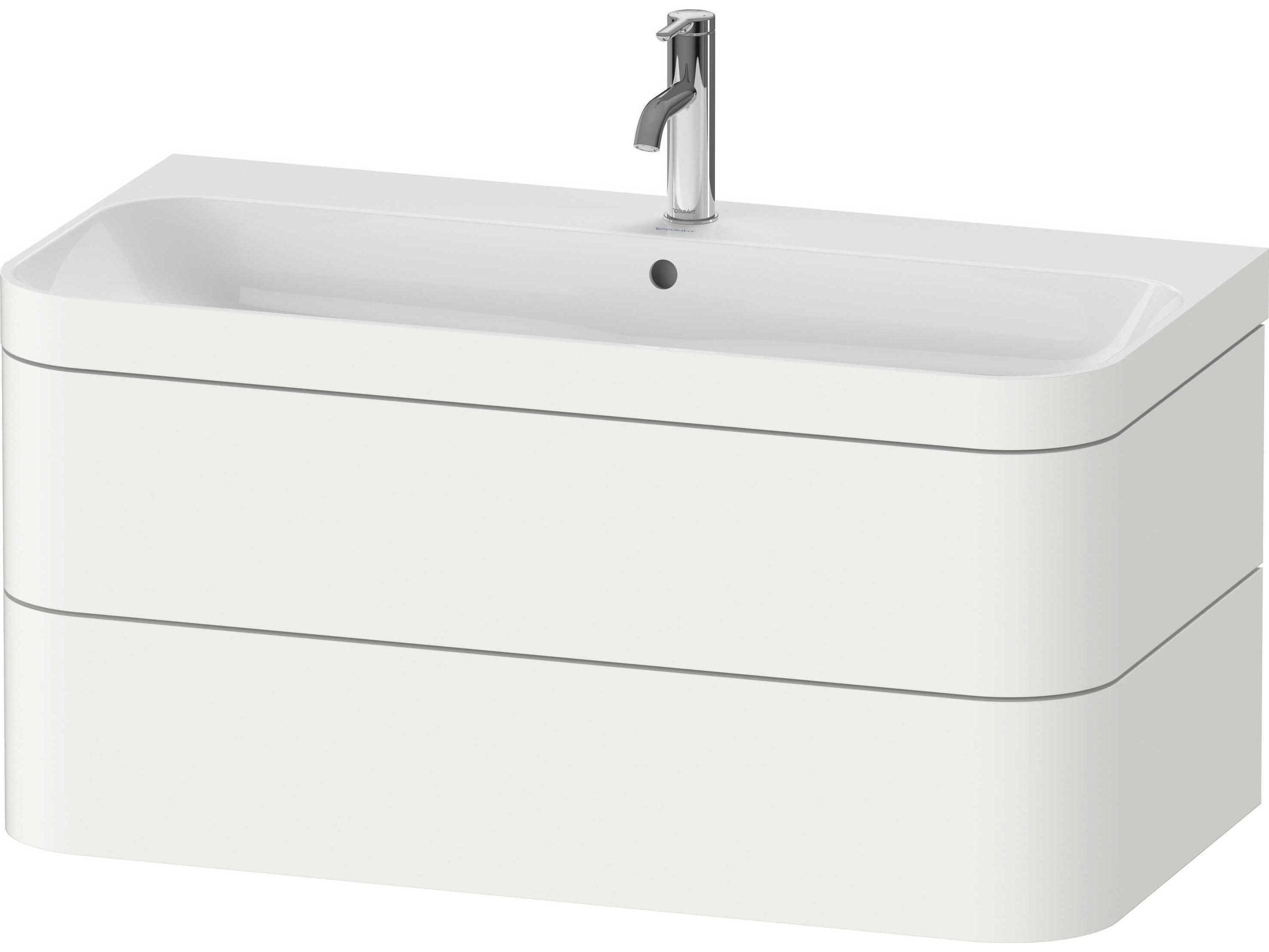 Happy D.2 38'' White Satin Matt Rectangular Wall-Mounted Set of Sink and Vanity with 1 Faucet Hole