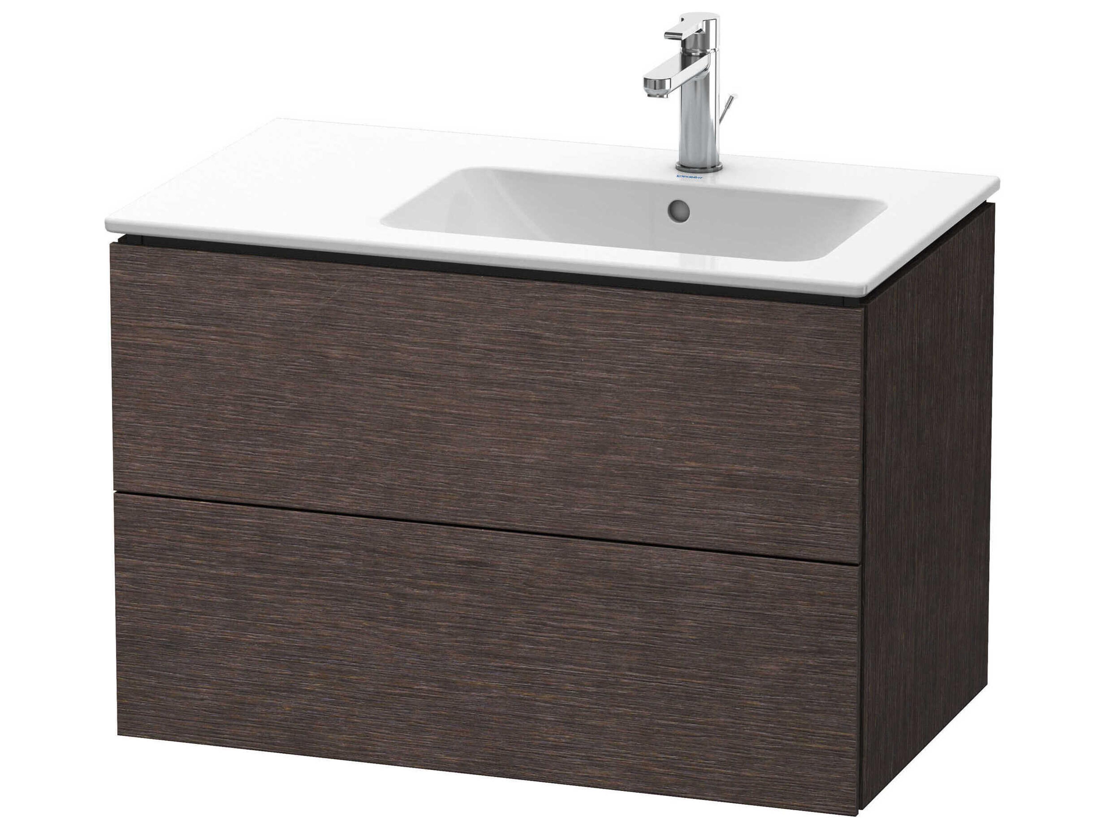 L-cube 32'' Two Drawer Dark Brushed Oak Matt Wall-Mounted Vanity Unit