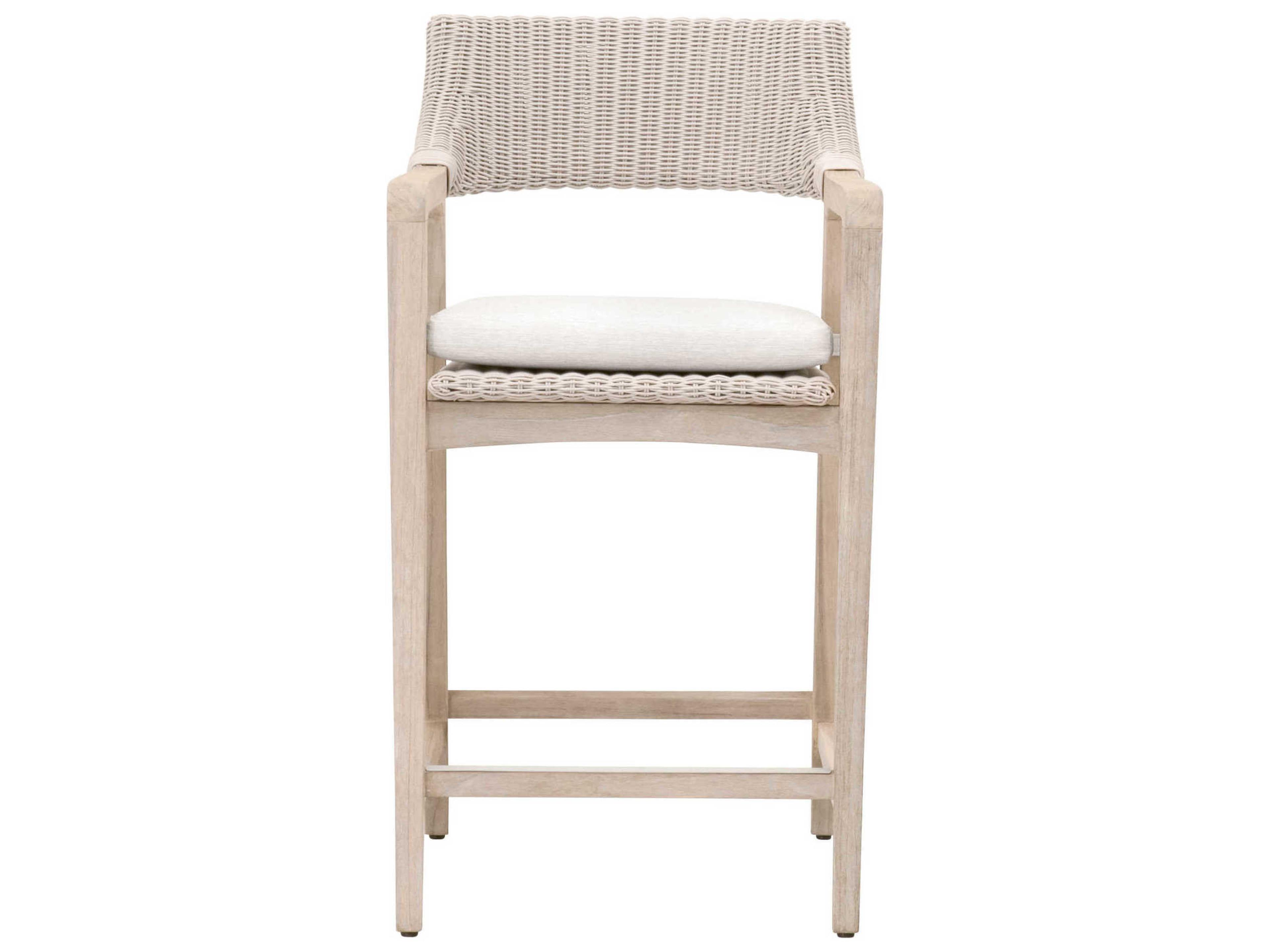 Essentials for Living Outdoor Woven Pure White Synthetic Gray Teak Counter Stool with Performance White Speckle Cushion