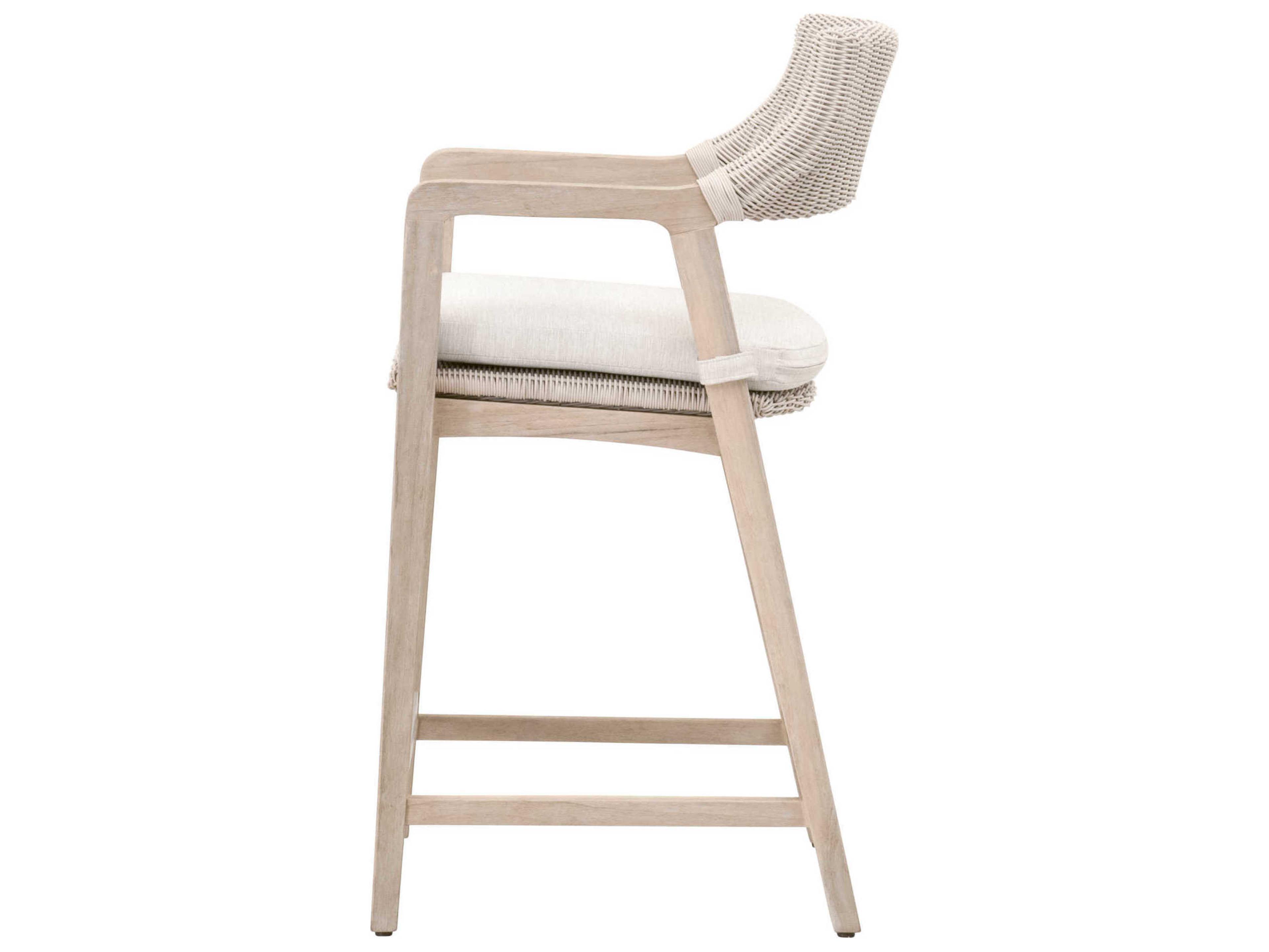 Essentials for Living Outdoor Woven Pure White Synthetic Gray Teak Counter Stool with Performance White Speckle Cushion