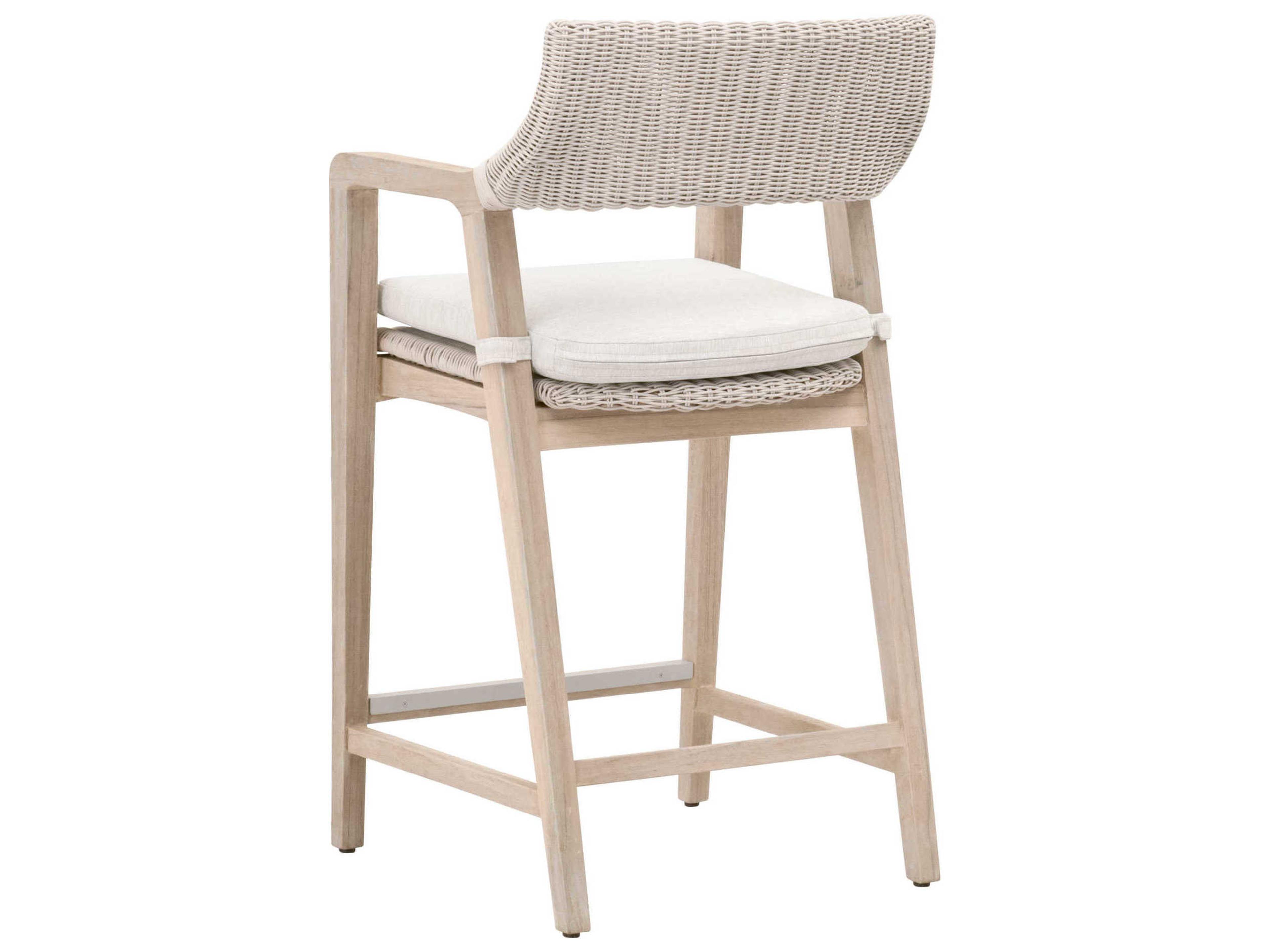 Essentials for Living Outdoor Woven Pure White Synthetic Gray Teak Counter Stool with Performance White Speckle Cushion