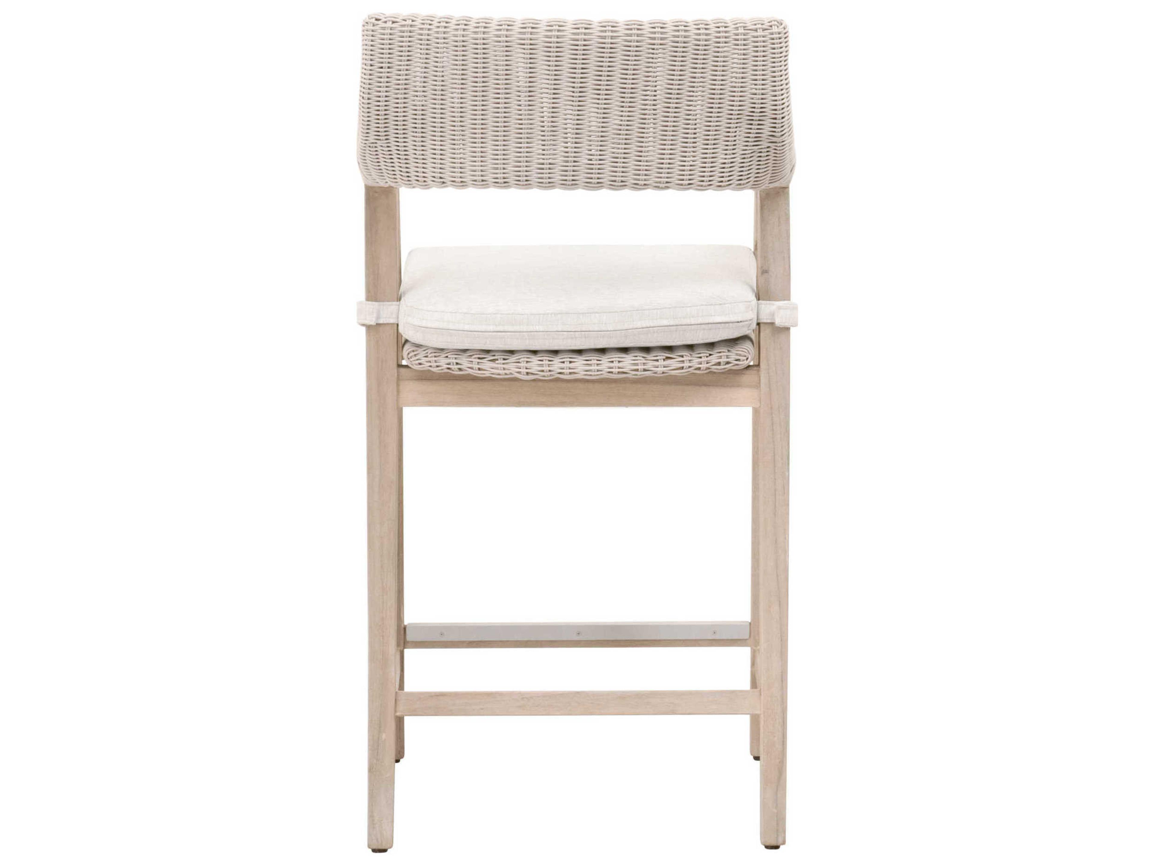 Essentials for Living Outdoor Woven Pure White Synthetic Gray Teak Counter Stool with Performance White Speckle Cushion