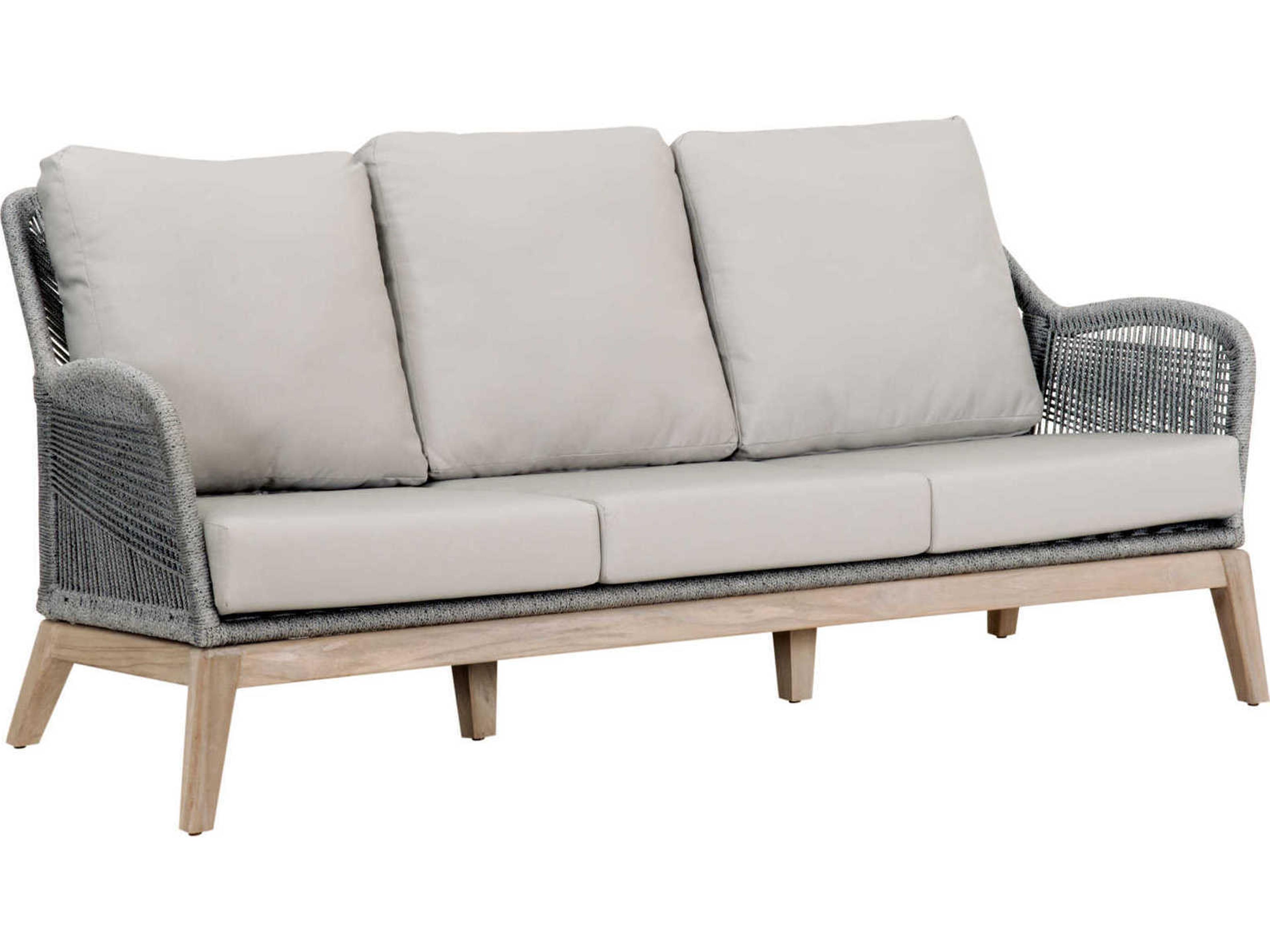 Respite Outdoor Rope Taupe & White Flat with Gray Teak Sofa Performance Pumice Cushion