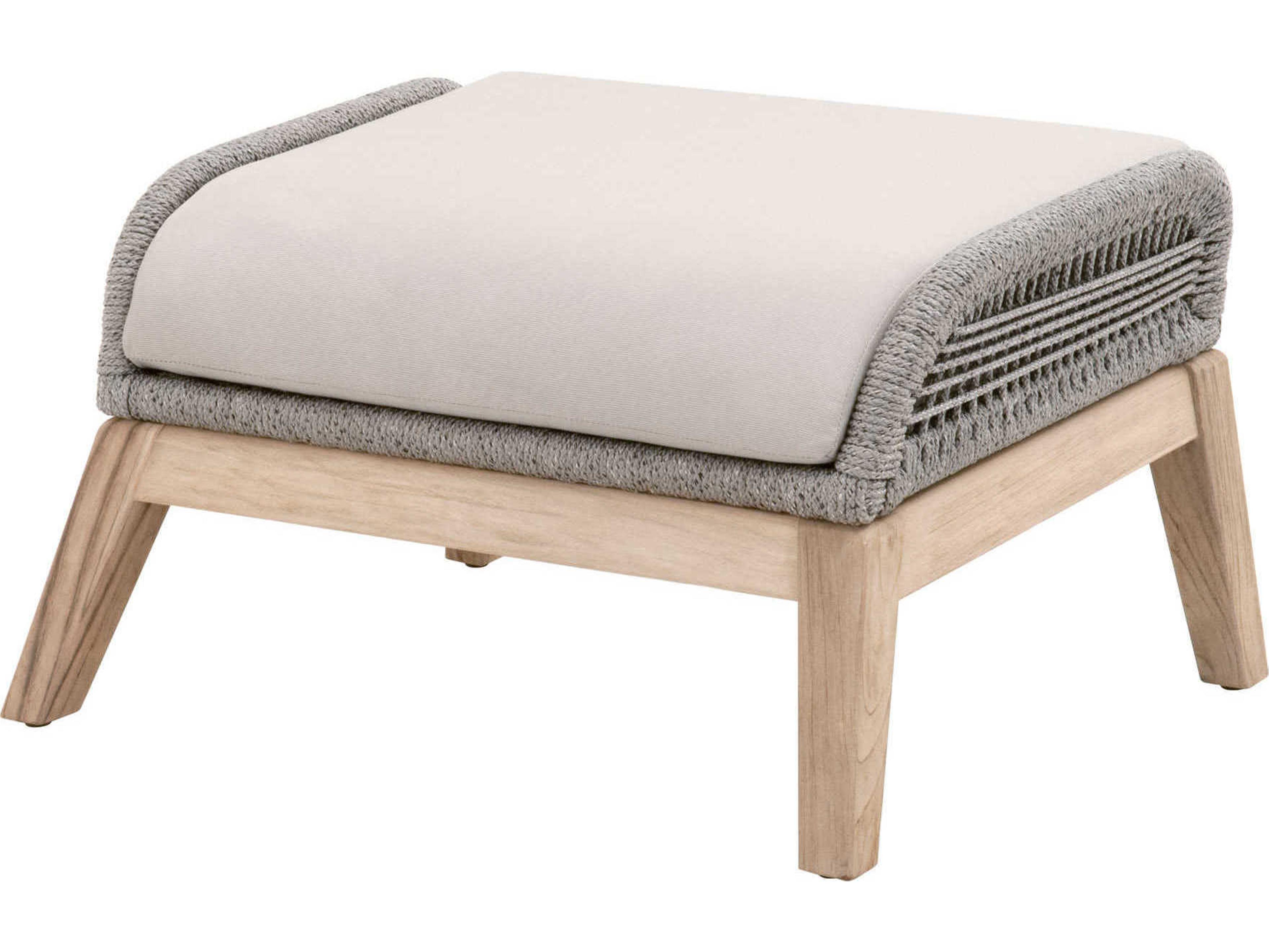 Respite Outdoor Rope Taupe & White Flat with Gray Teak Ottoman Performance Pumice Cushion