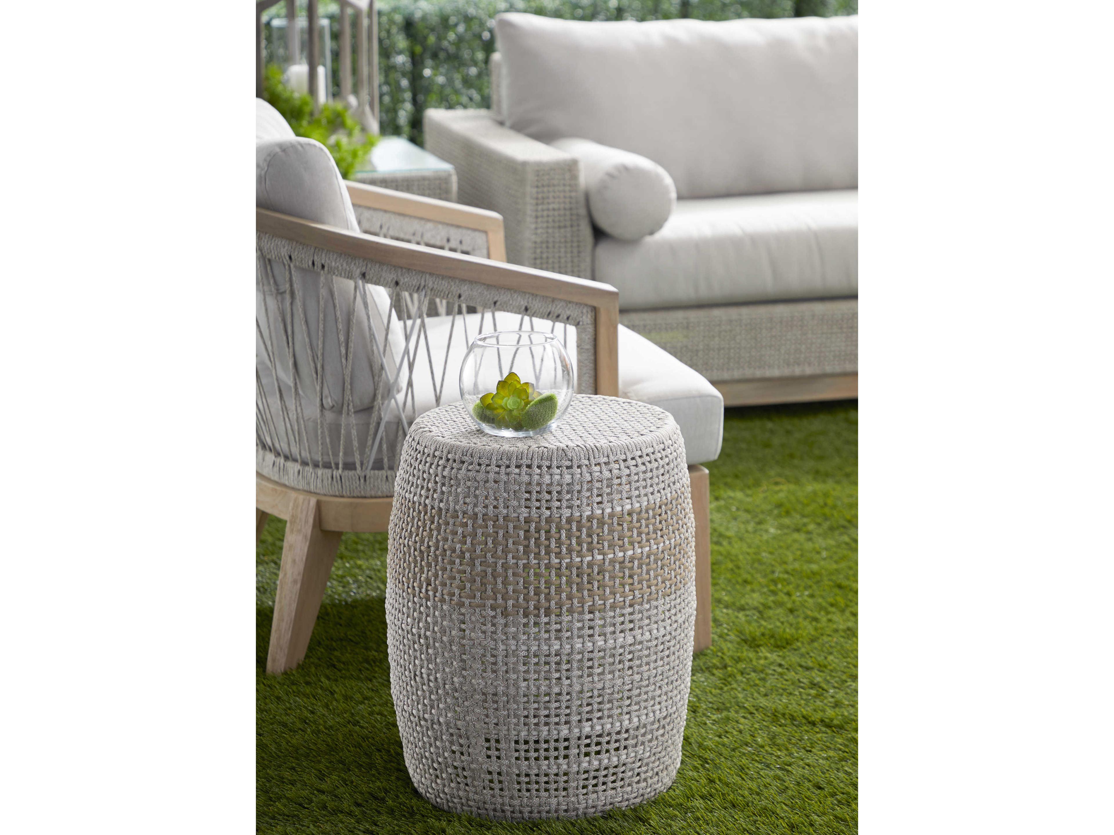 Essentials for Living Outdoor Woven Rope Taupe & White Aluminum Round End Table