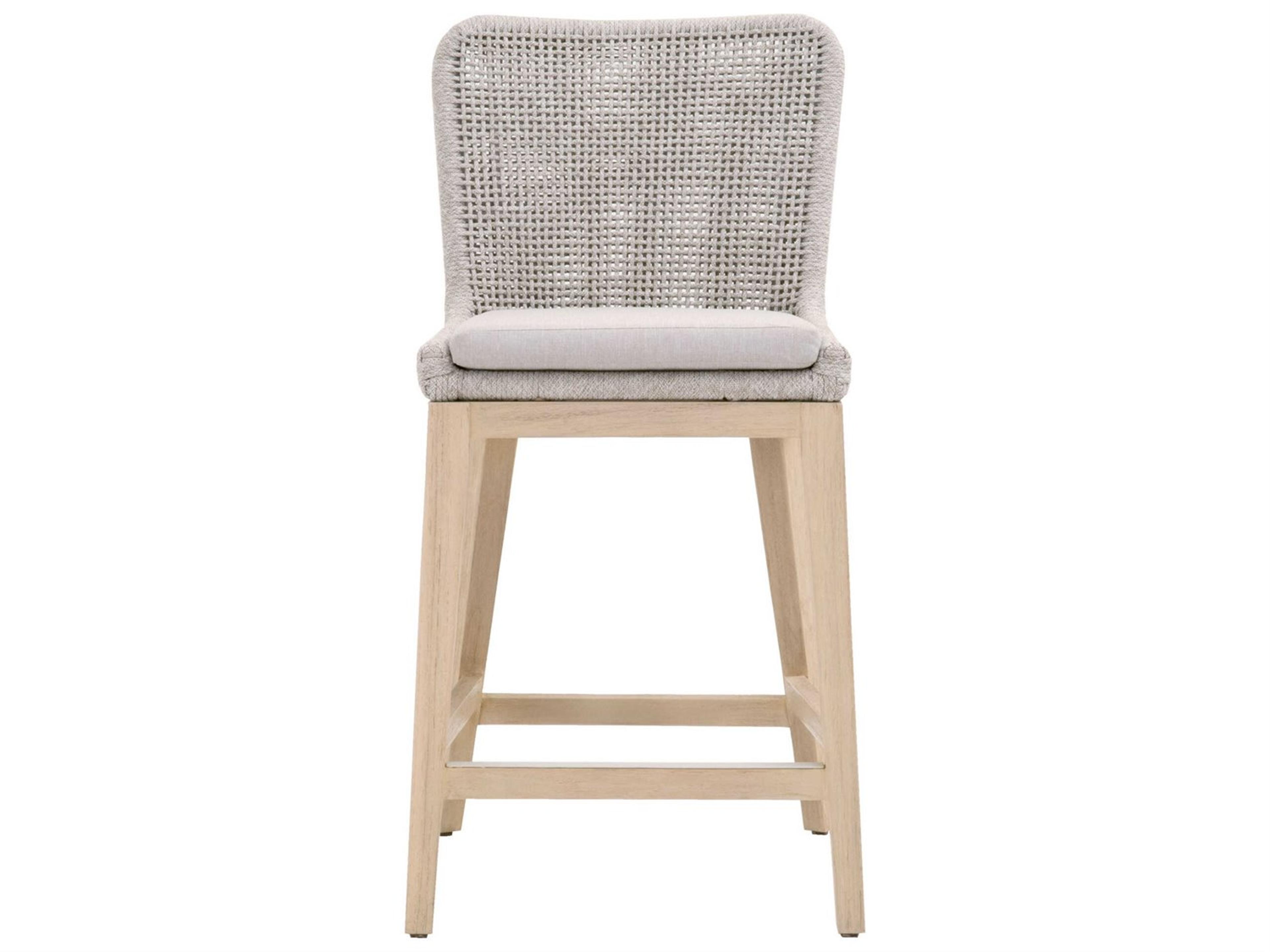 Essentials for Living Outdoor Woven Taupe & White Flat Rope / Pumice Gray Teak Cushion Counter Stool