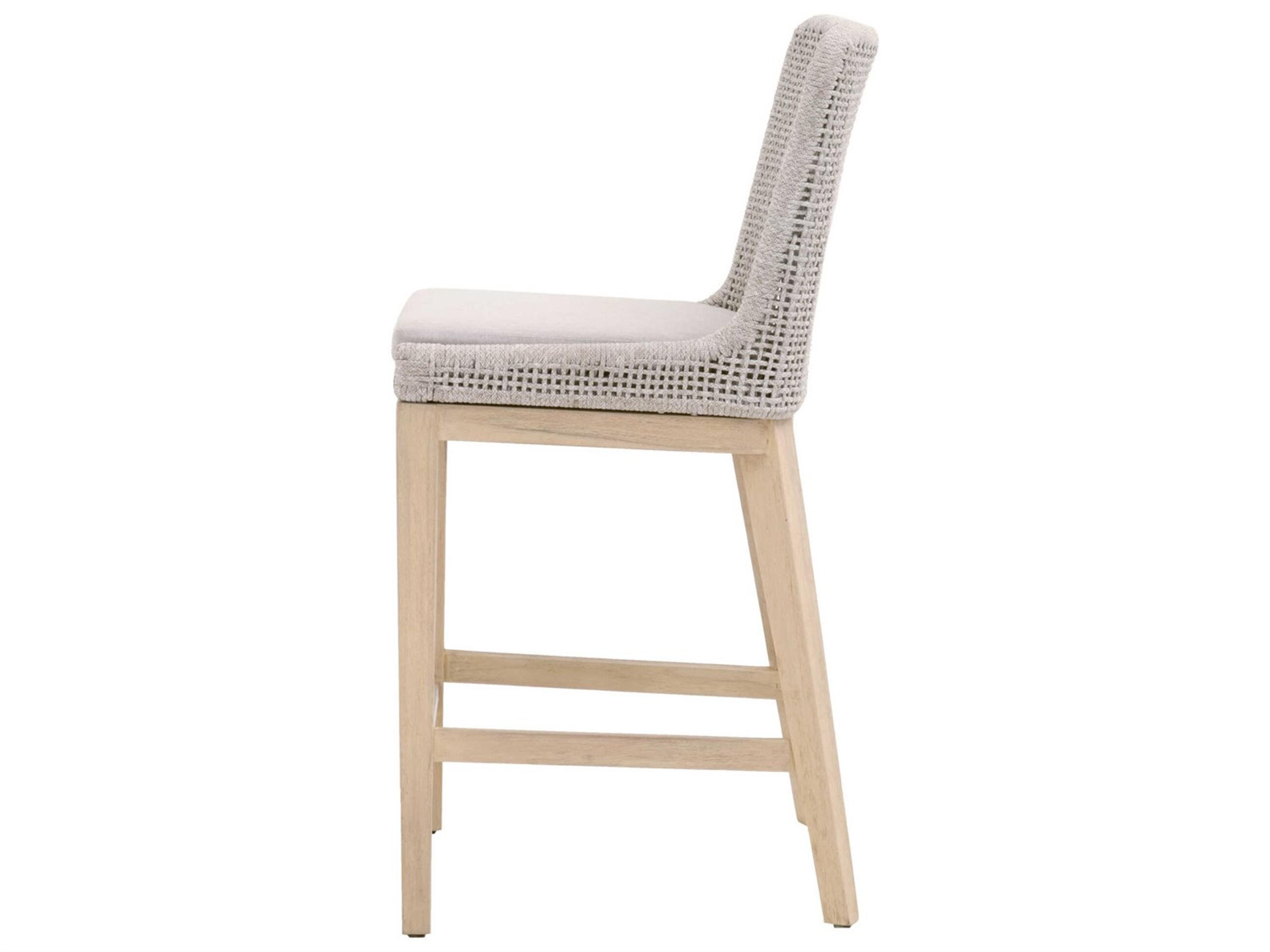 Essentials for Living Outdoor Woven Taupe & White Flat Rope / Pumice Gray Teak Cushion Counter Stool