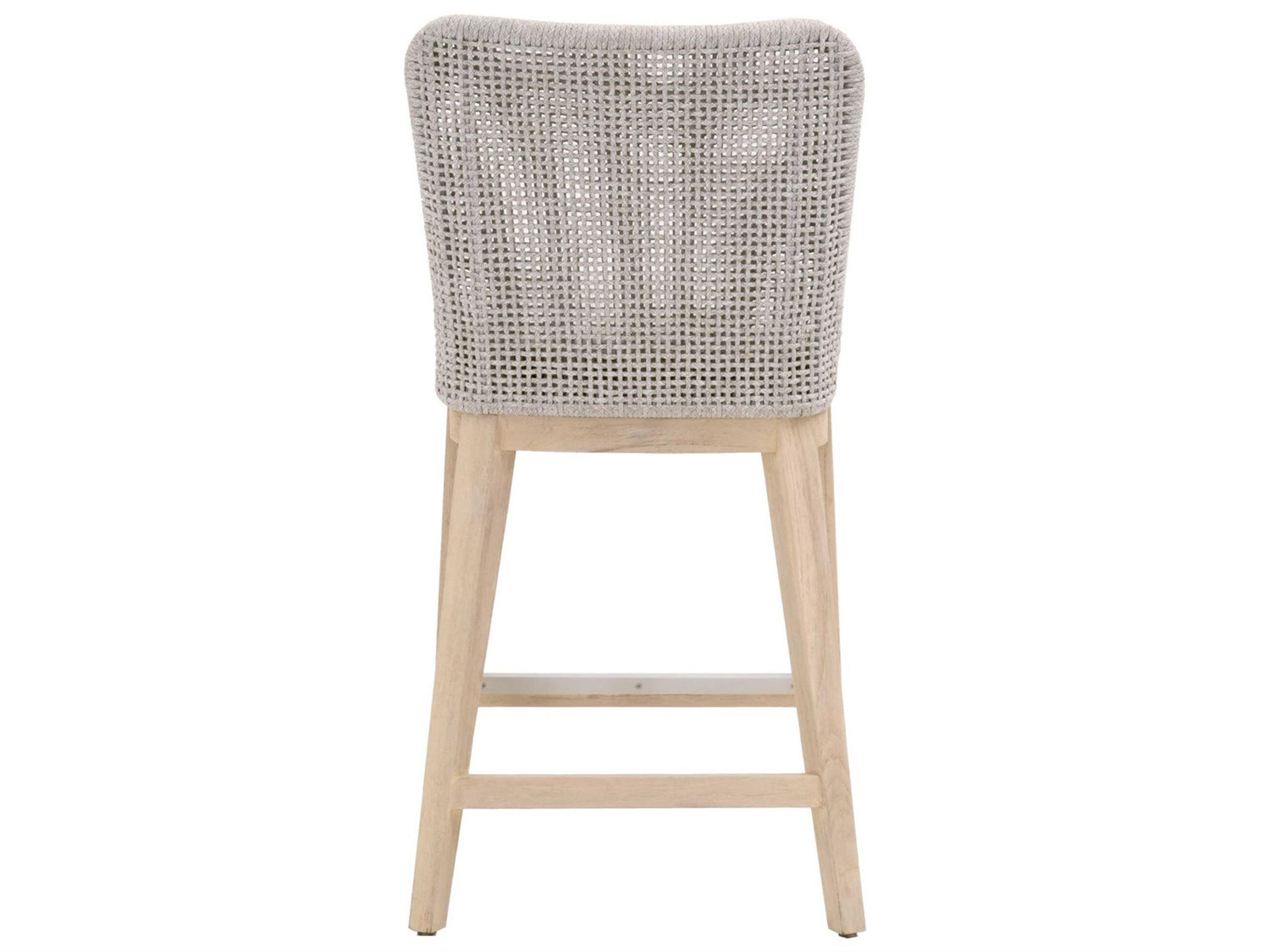 Essentials for Living Outdoor Woven Taupe & White Flat Rope / Pumice Gray Teak Cushion Counter Stool