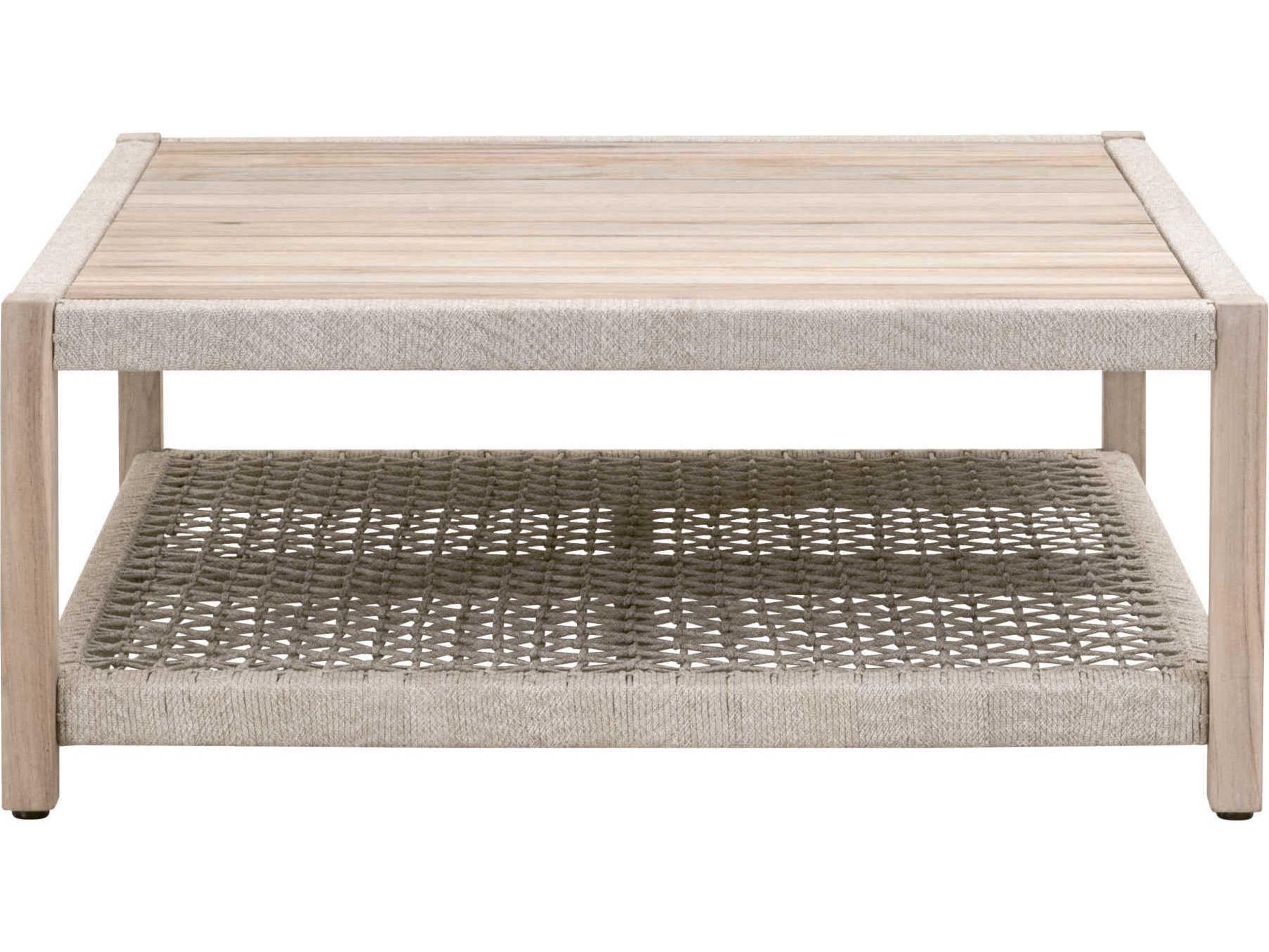 Essentials for Living Outdoor Woven Rope Taupe & White Flat Rope, Gray Teak Square Coffee Table