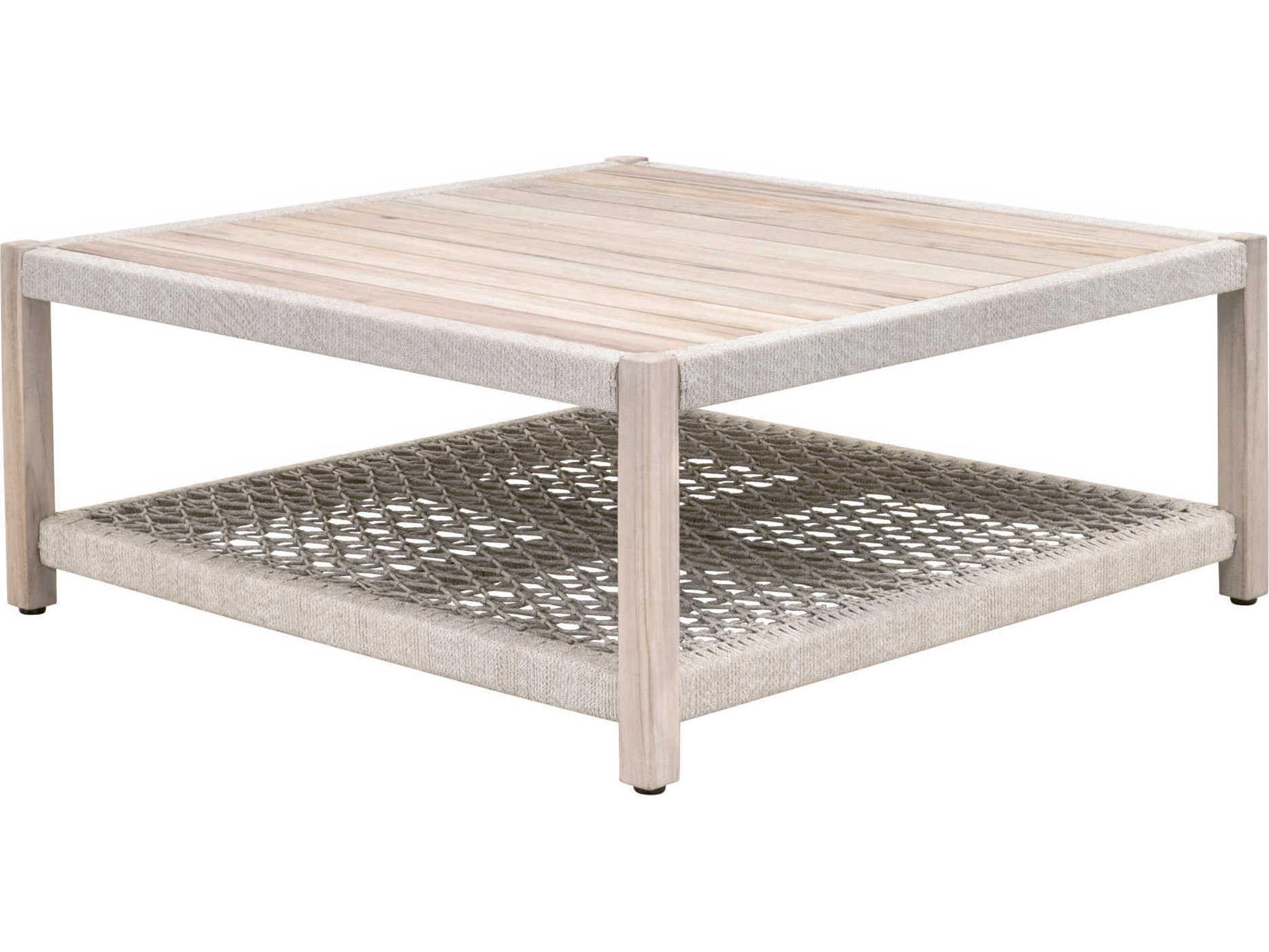 Essentials for Living Outdoor Woven Rope Taupe & White Flat Rope, Gray Teak Square Coffee Table