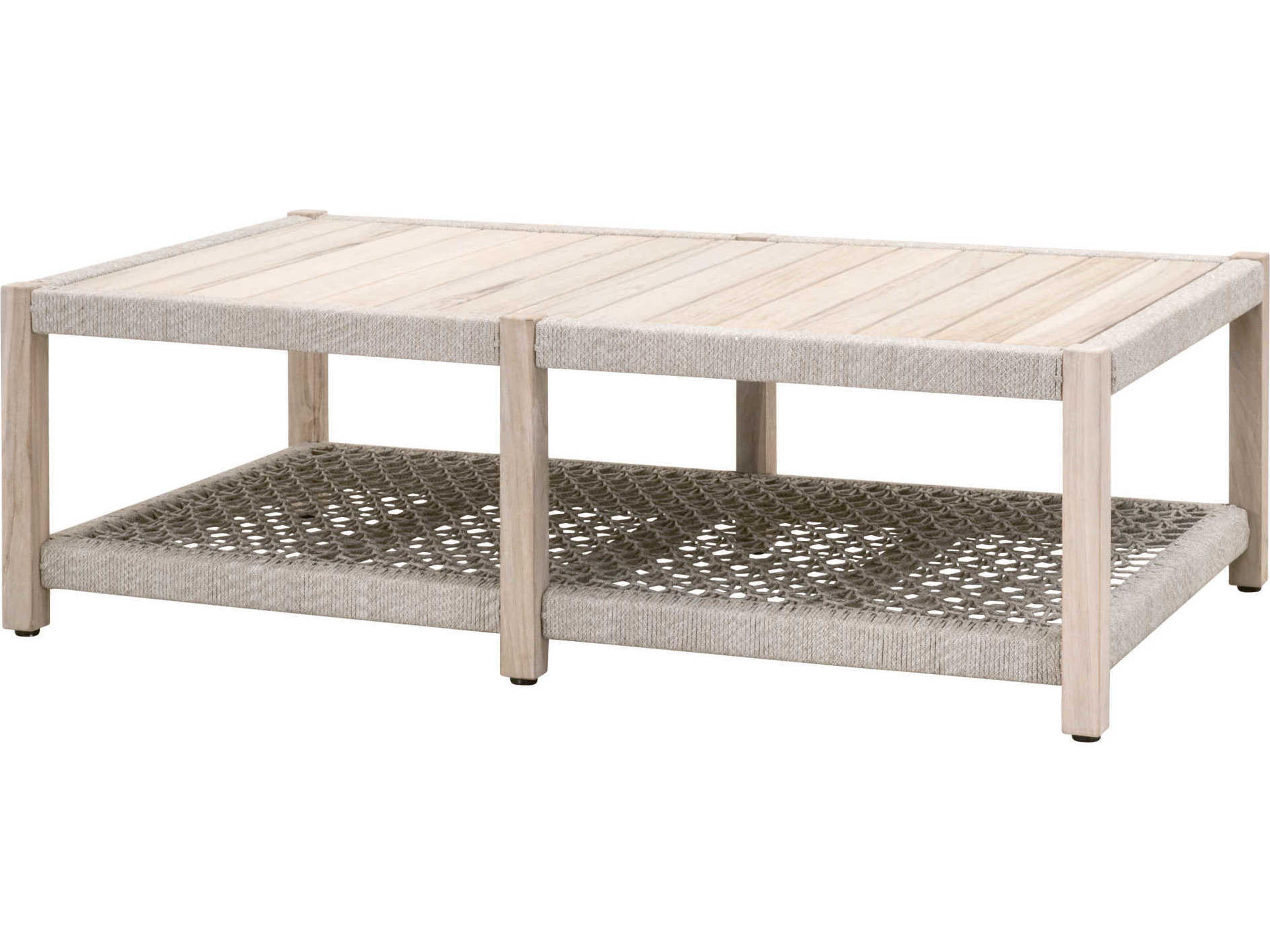 Respite Outdoor Rope Taupe & White Flat Rope, Gray Teak Rectangular Coffee Table