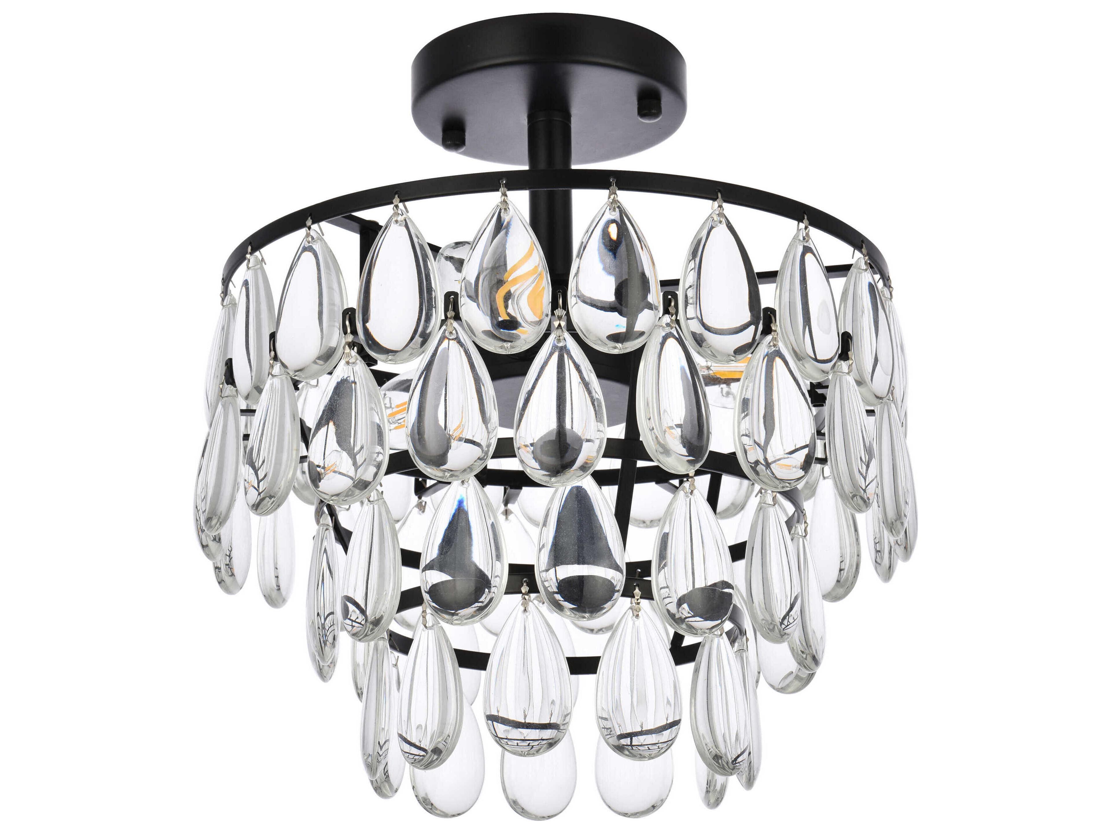Elegant Lighting Mila 3-Light Black Crystal Semi Flush Mount