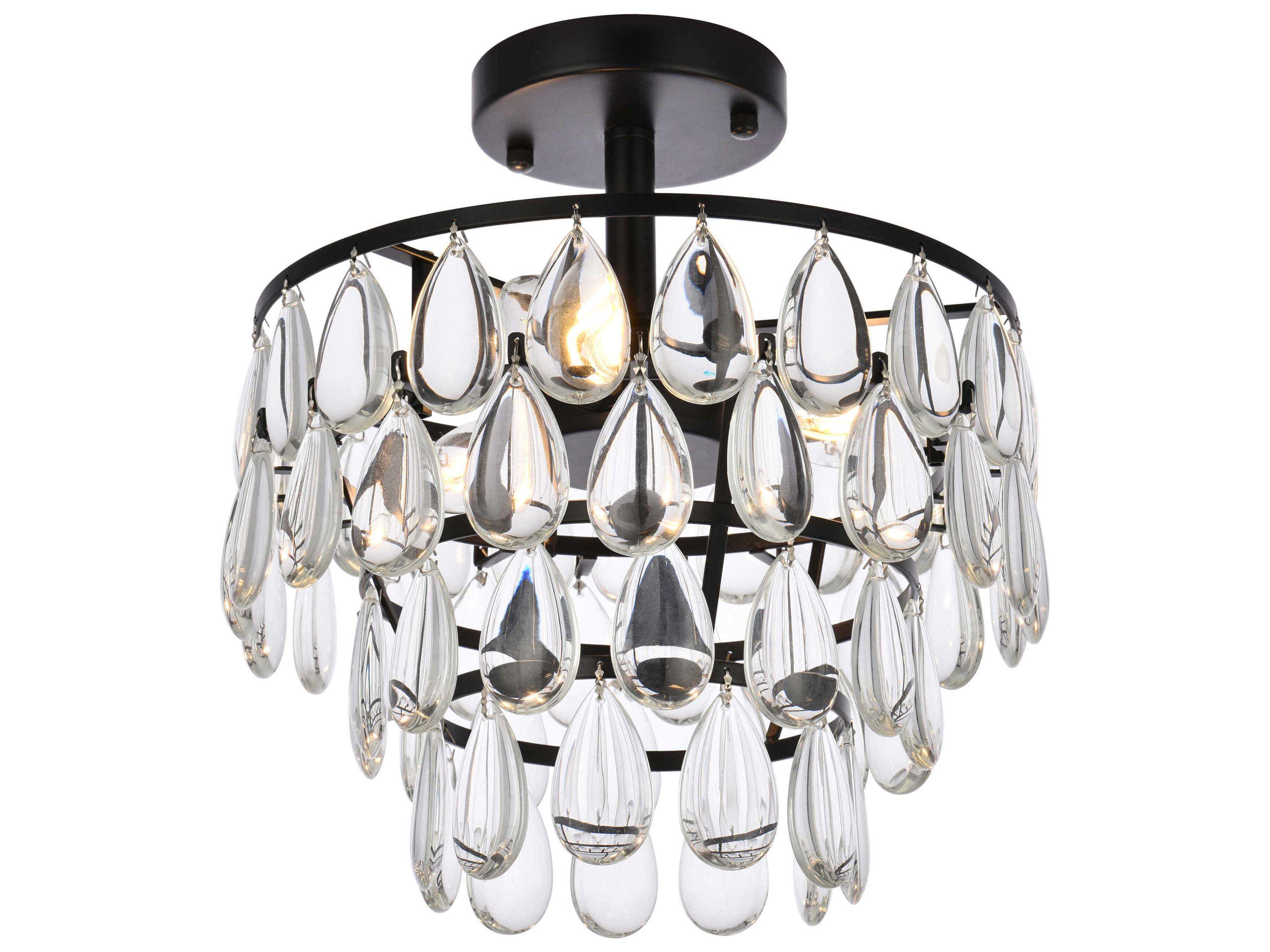 Elegant Lighting Mila 3-Light Black Crystal Semi Flush Mount