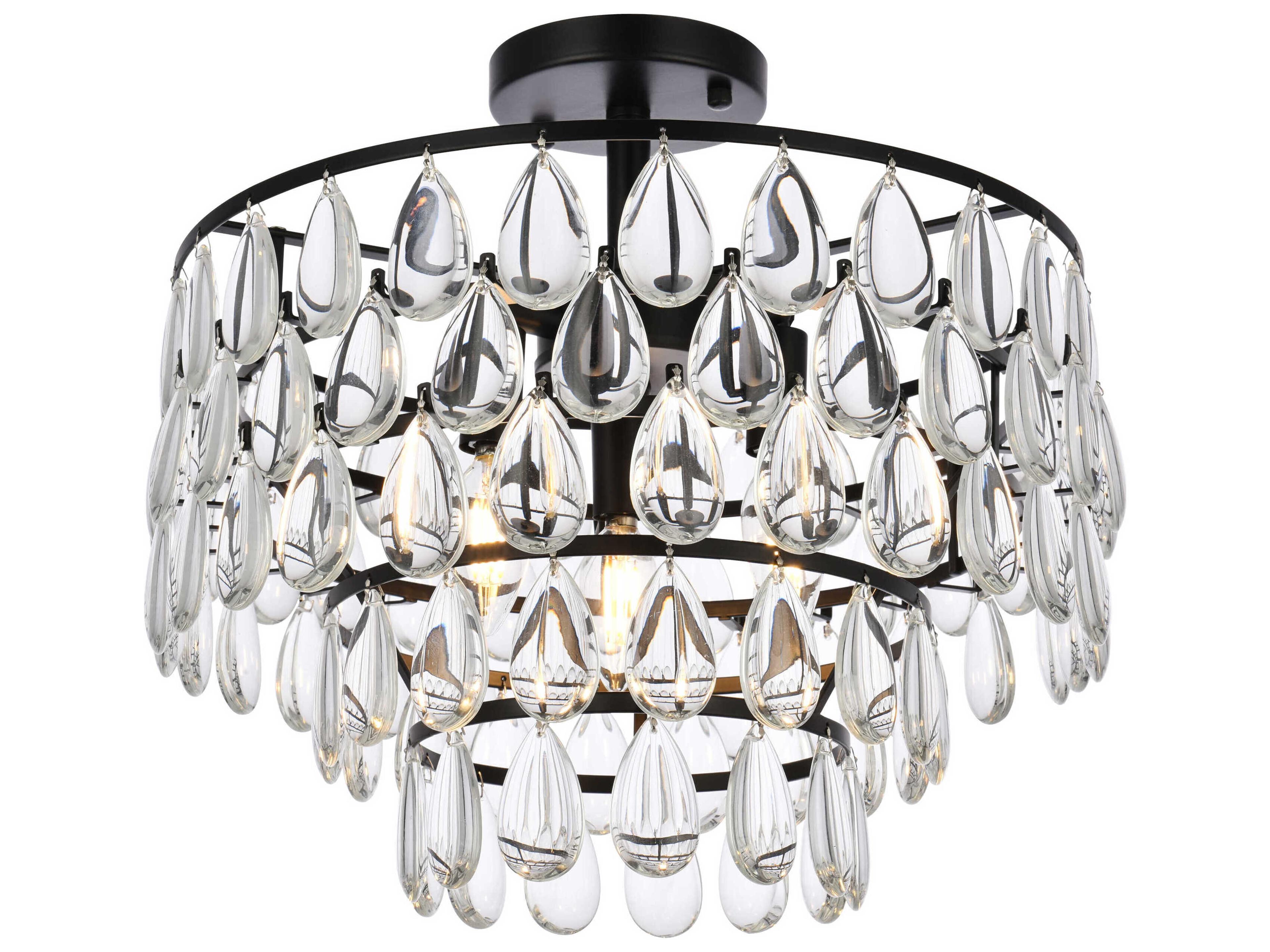 Elegant Lighting Mila 3-Light Black Crystal Semi Flush Mount