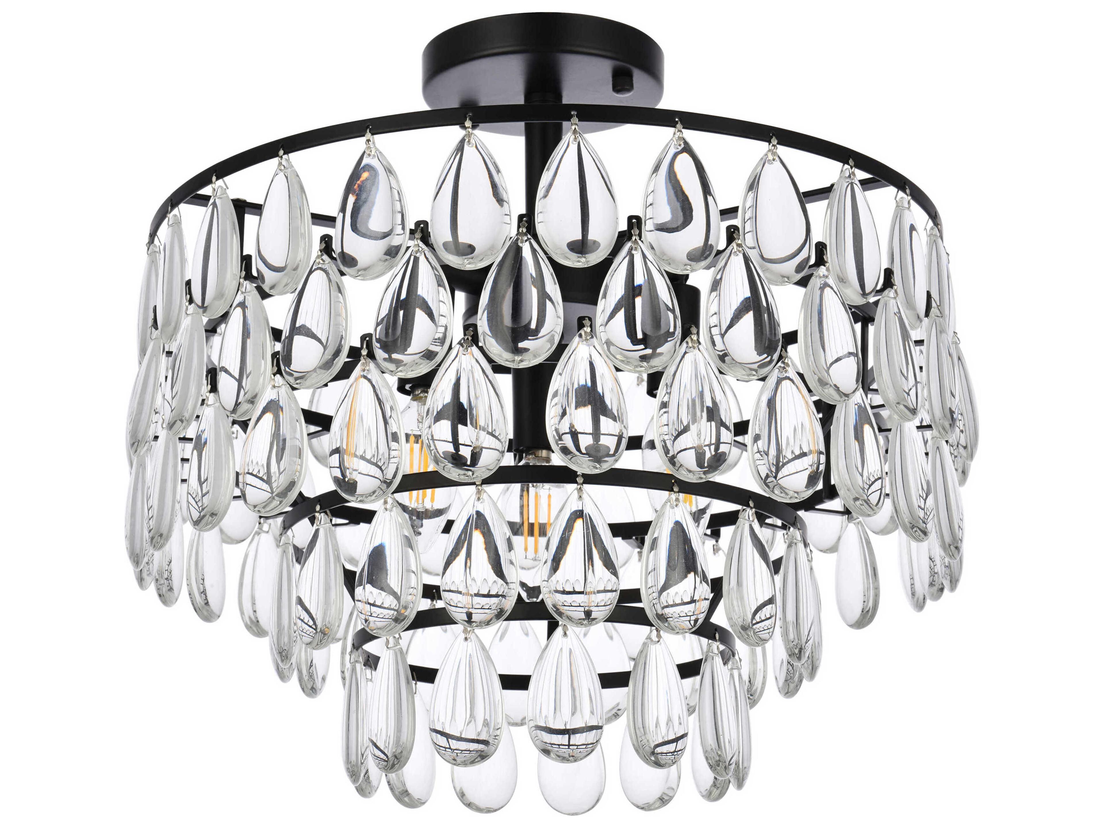 Elegant Lighting Mila 3-Light Black Crystal Semi Flush Mount