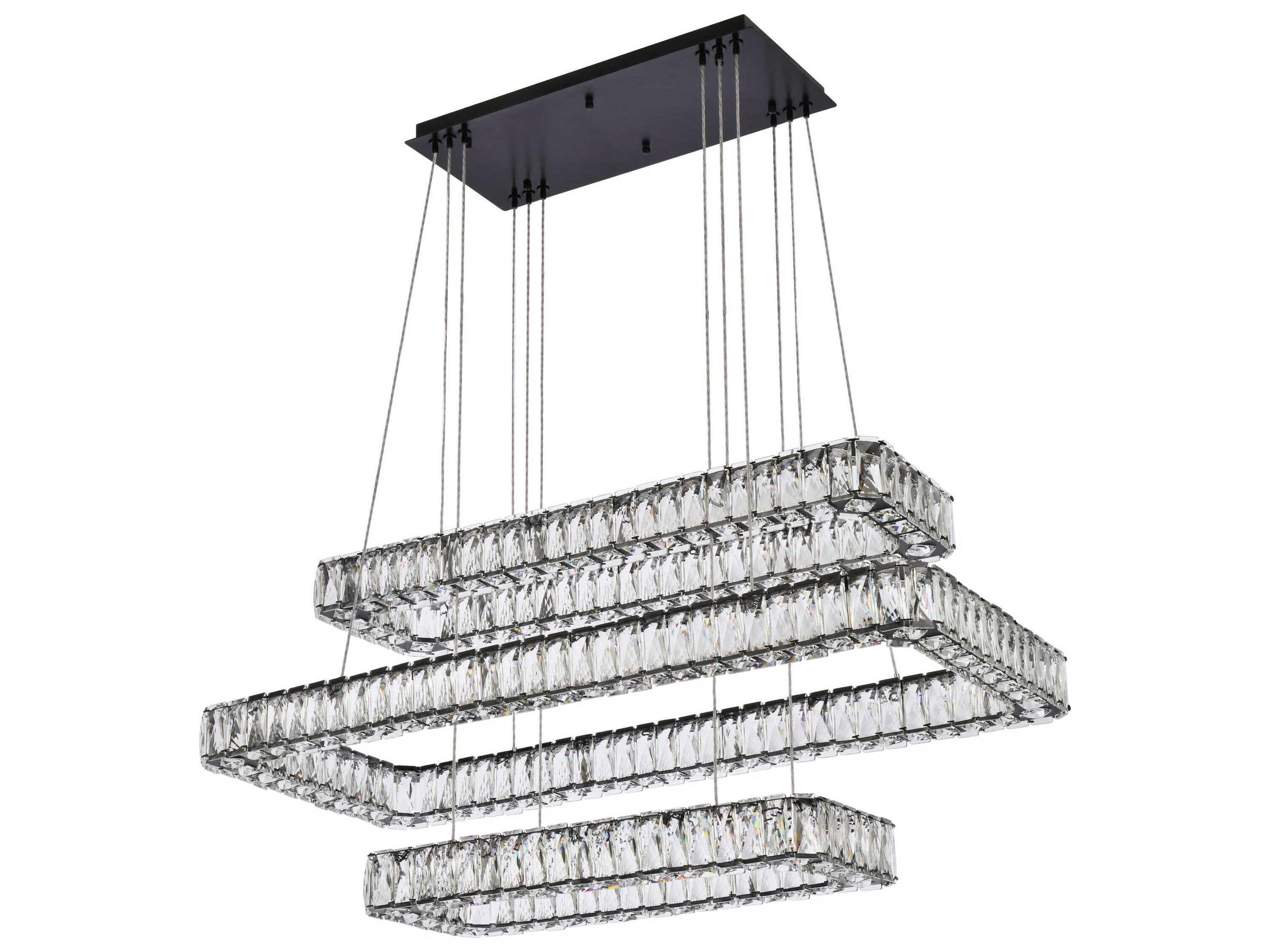 Elegant Lighting Monroe 3-Light Black Crystal LED Linear Tiered Island Pendant