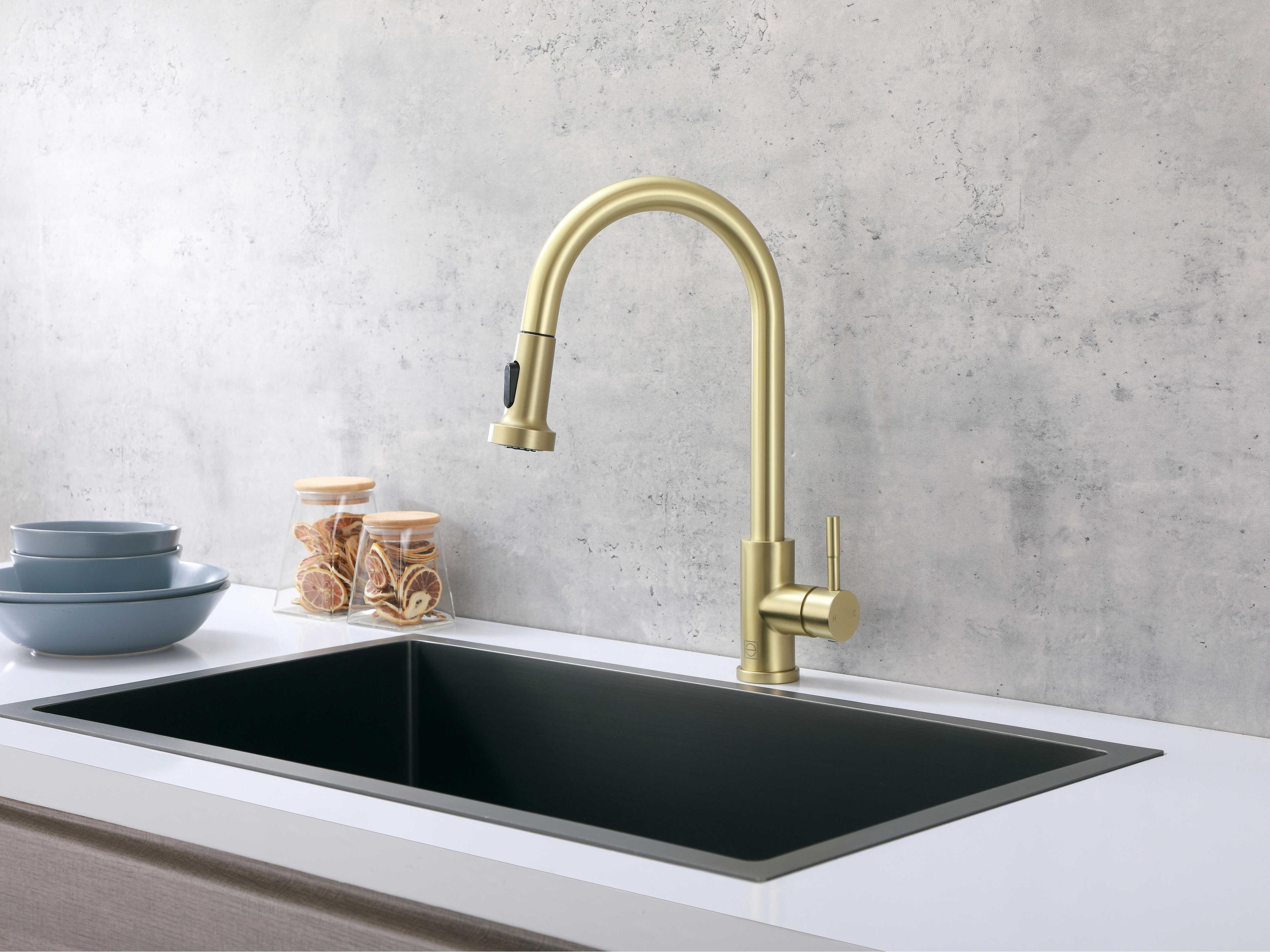 Elegant Lighting Sem Brushed Gold Pull Down Sprayer Kitchen Faucet