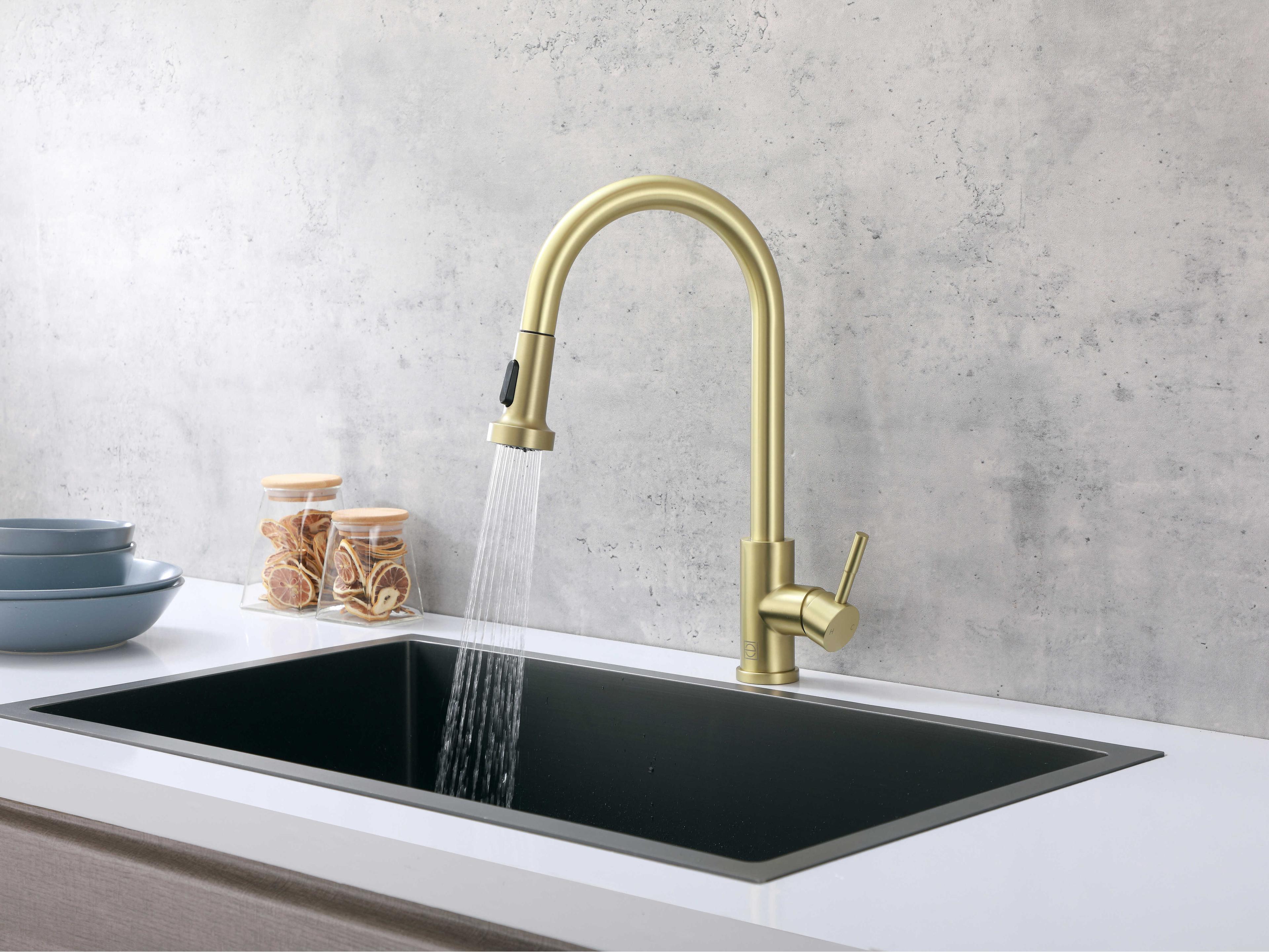 Elegant Lighting Sem Brushed Gold Pull Down Sprayer Kitchen Faucet