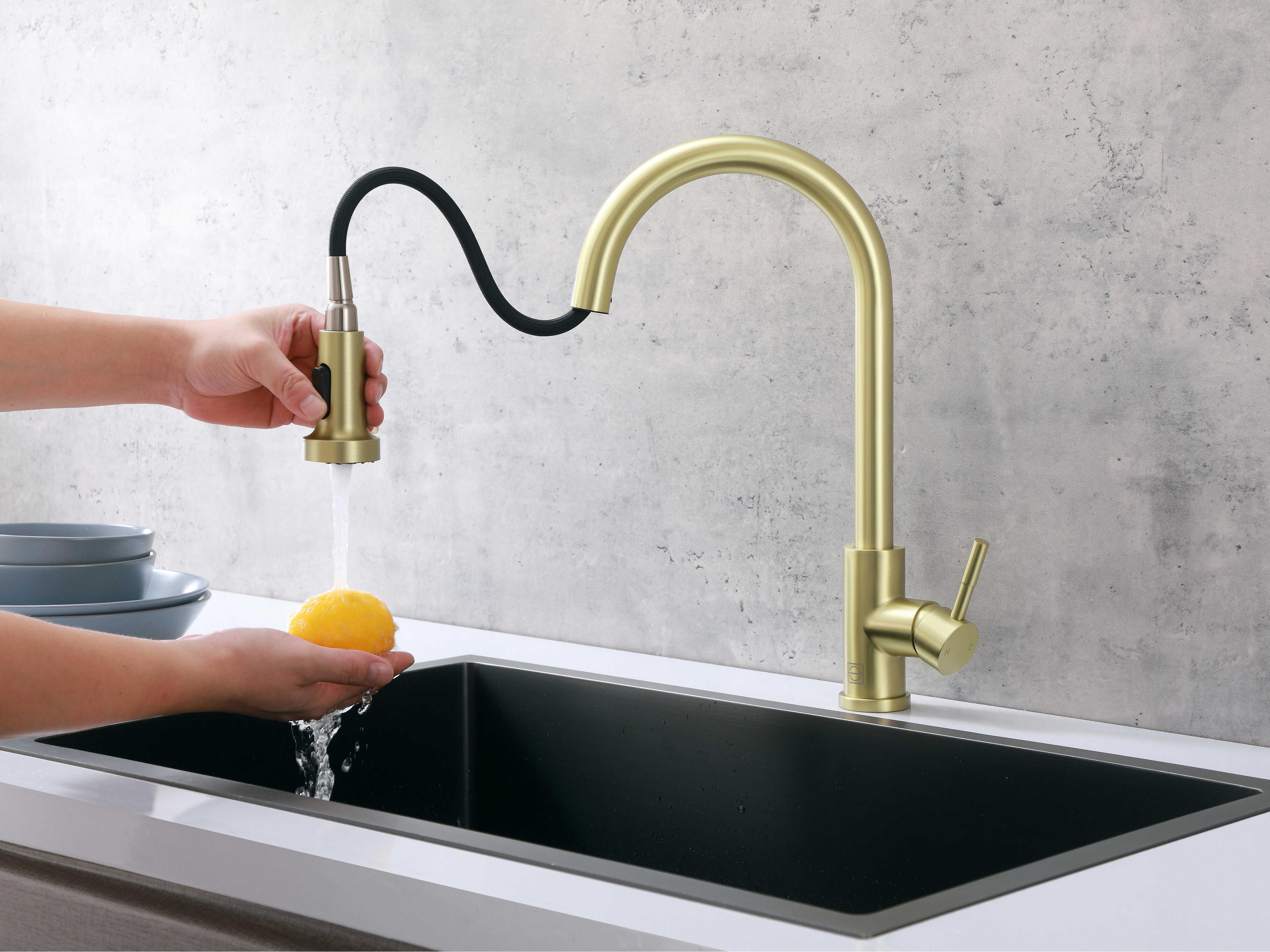 Elegant Lighting Sem Brushed Gold Pull Down Sprayer Kitchen Faucet