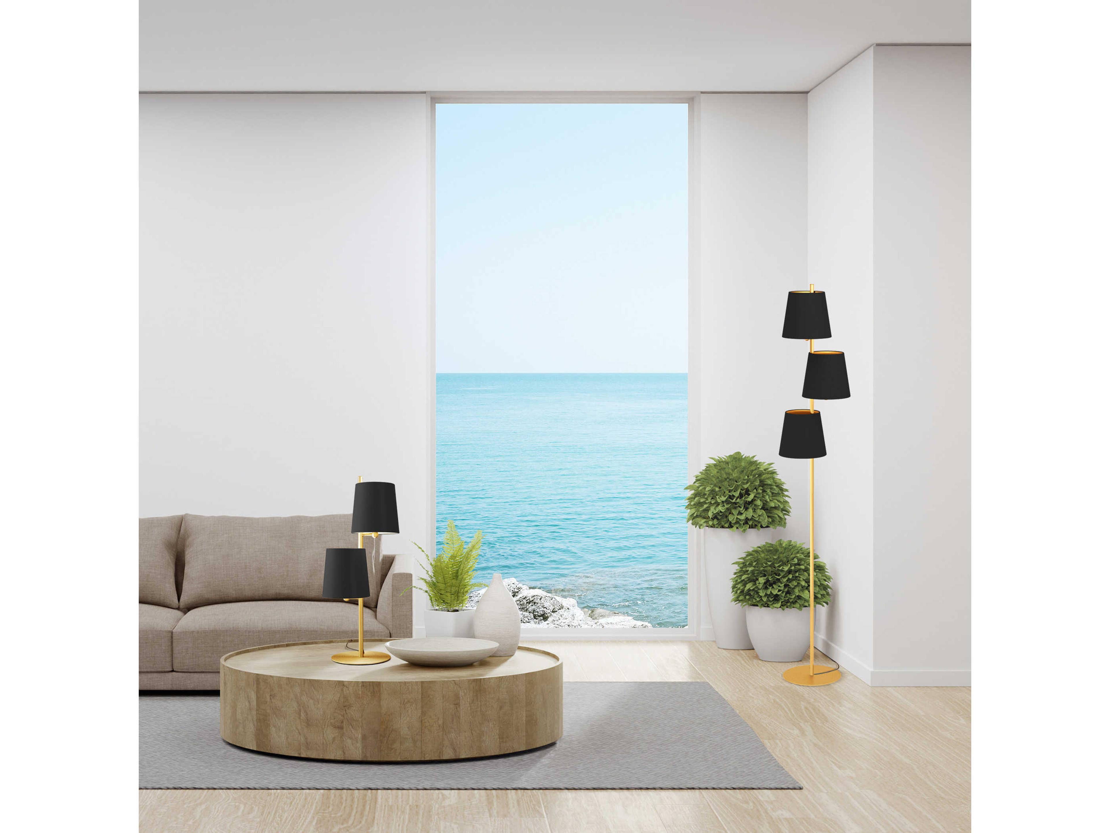 Eglo Almeida Brushed Brass Black Exterior Gold Interior Fabric Floor Lamp