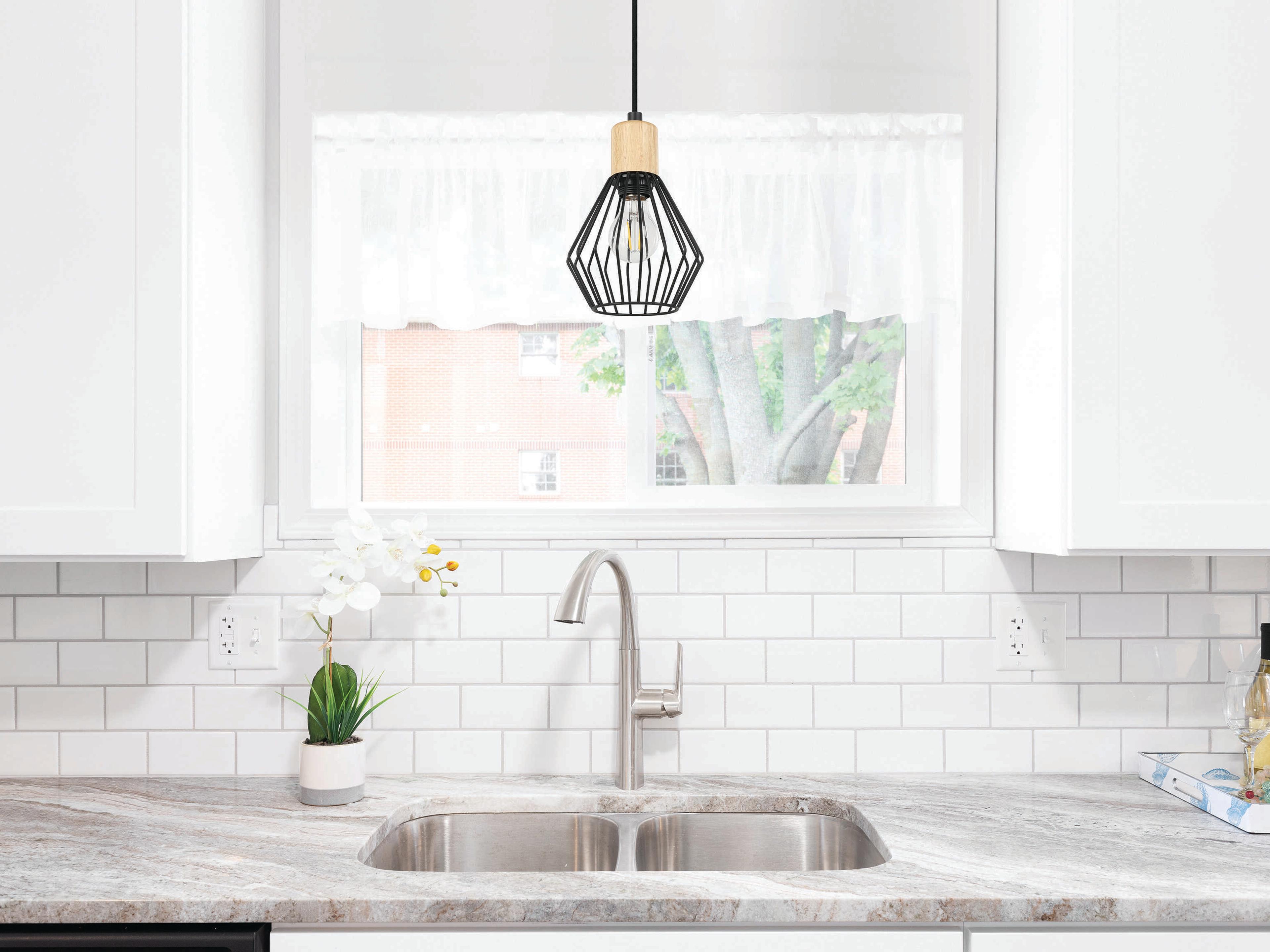 Eglo Palmorla 1-Light Structured Black Wood Geometric Mini Pendant