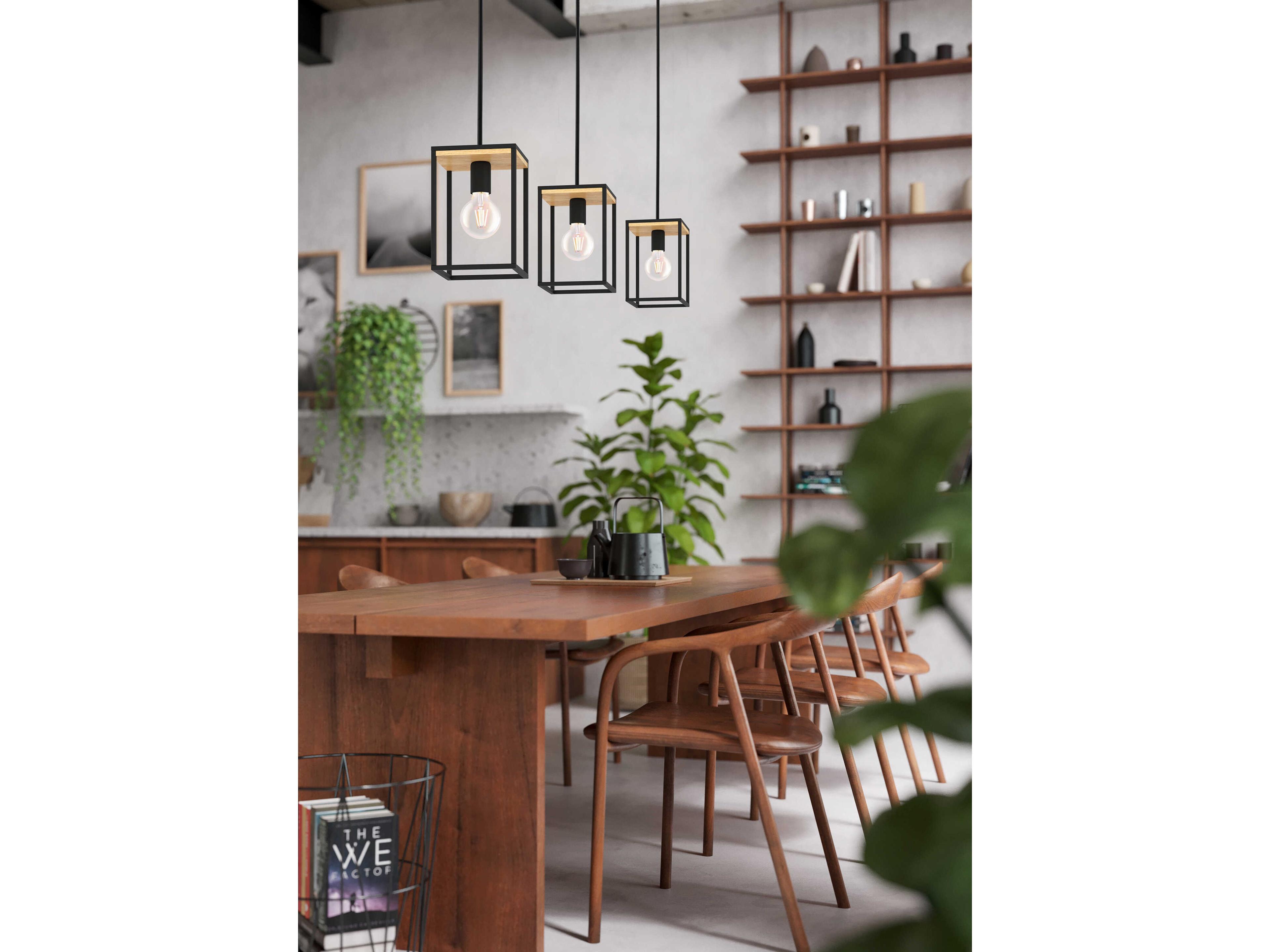 Eglo Libertad 3-Light Structured Black Natural Wood Geometric Island Pendant