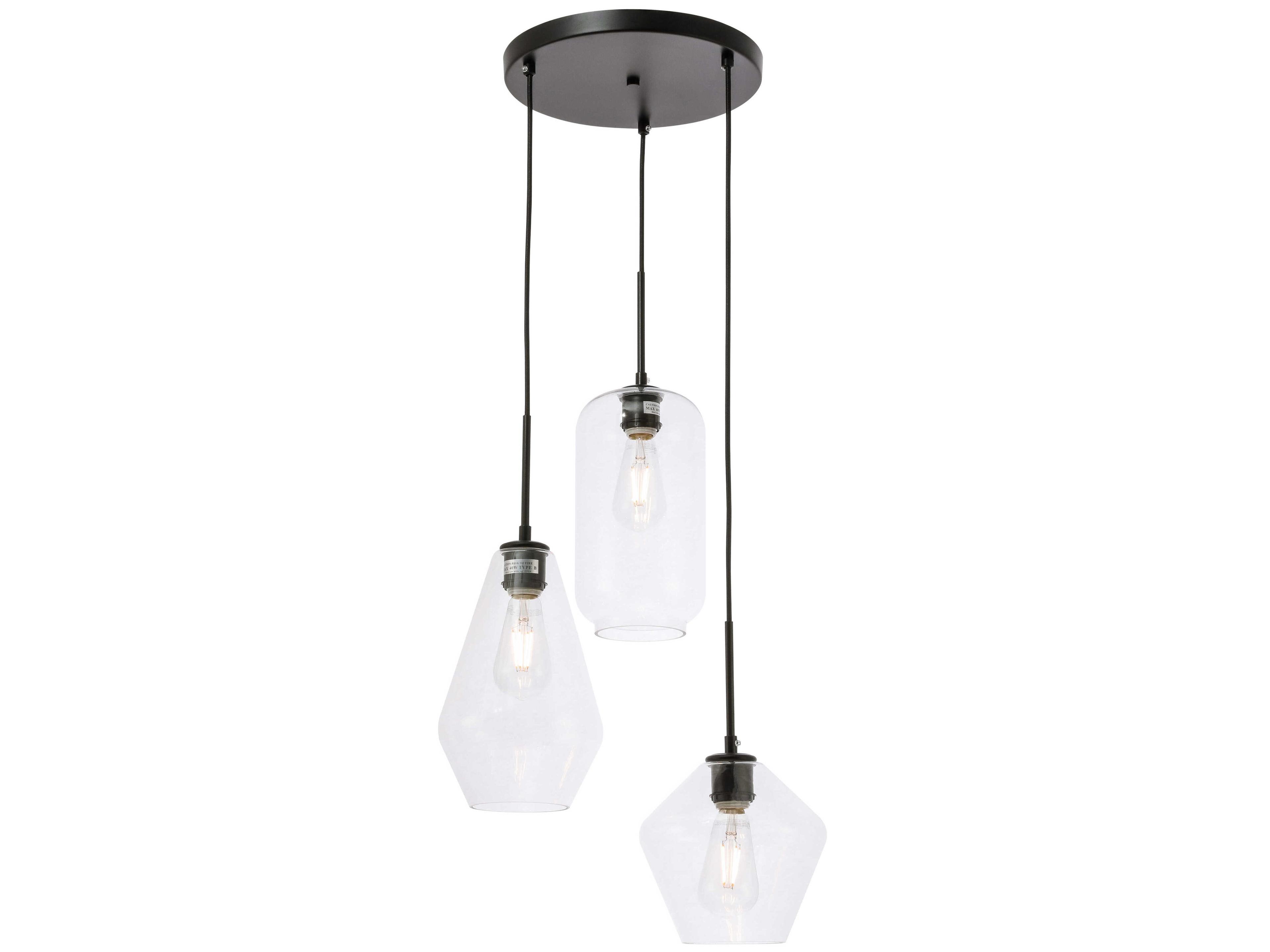 Elegant Lighting Gene 3-Light Black Glass Pendant