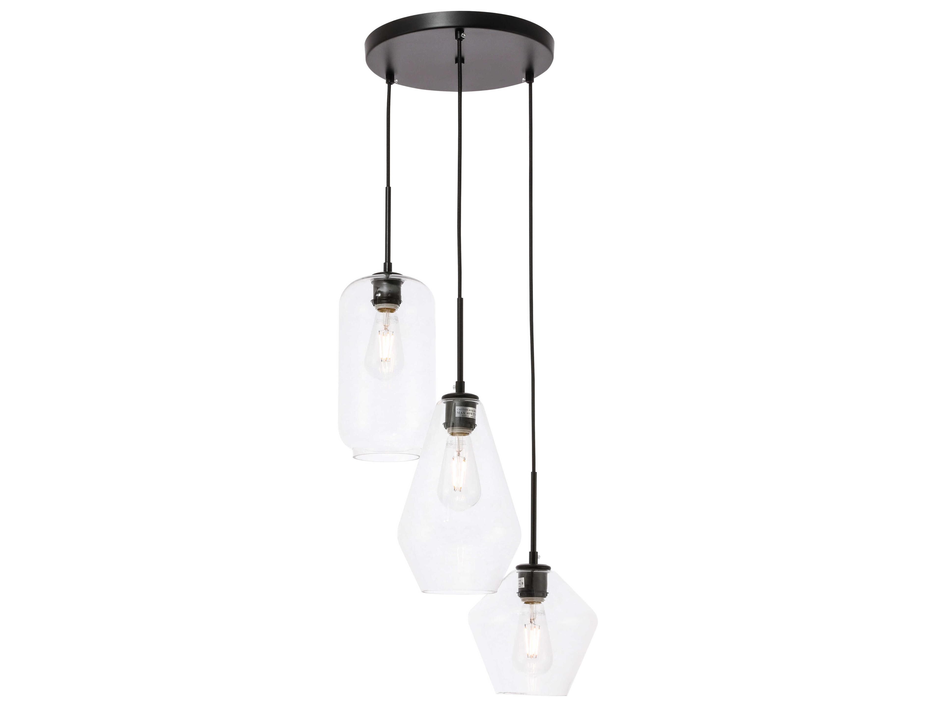 Elegant Lighting Gene 3-Light Black Glass Pendant