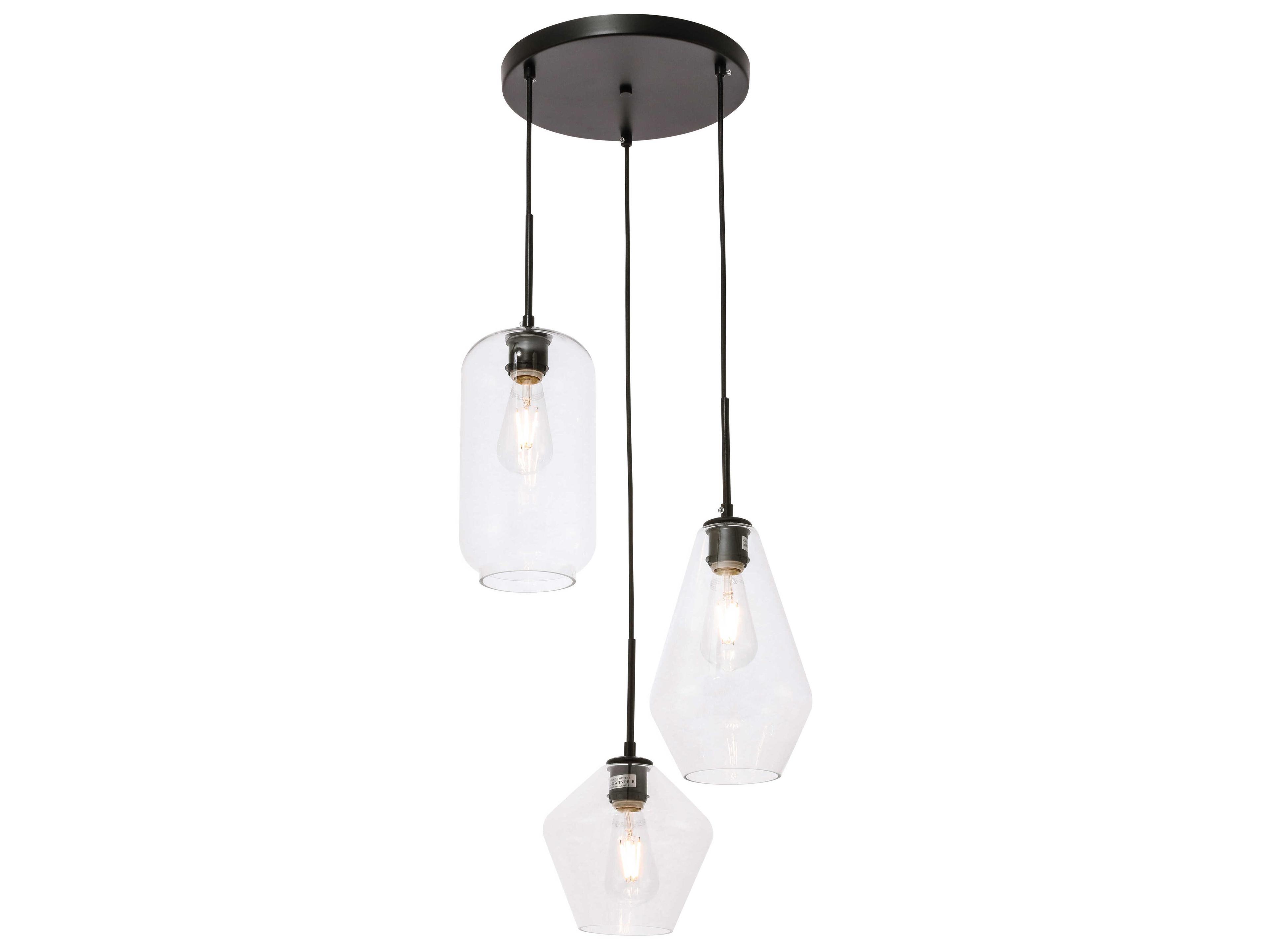 Elegant Lighting Gene 3-Light Black Glass Pendant
