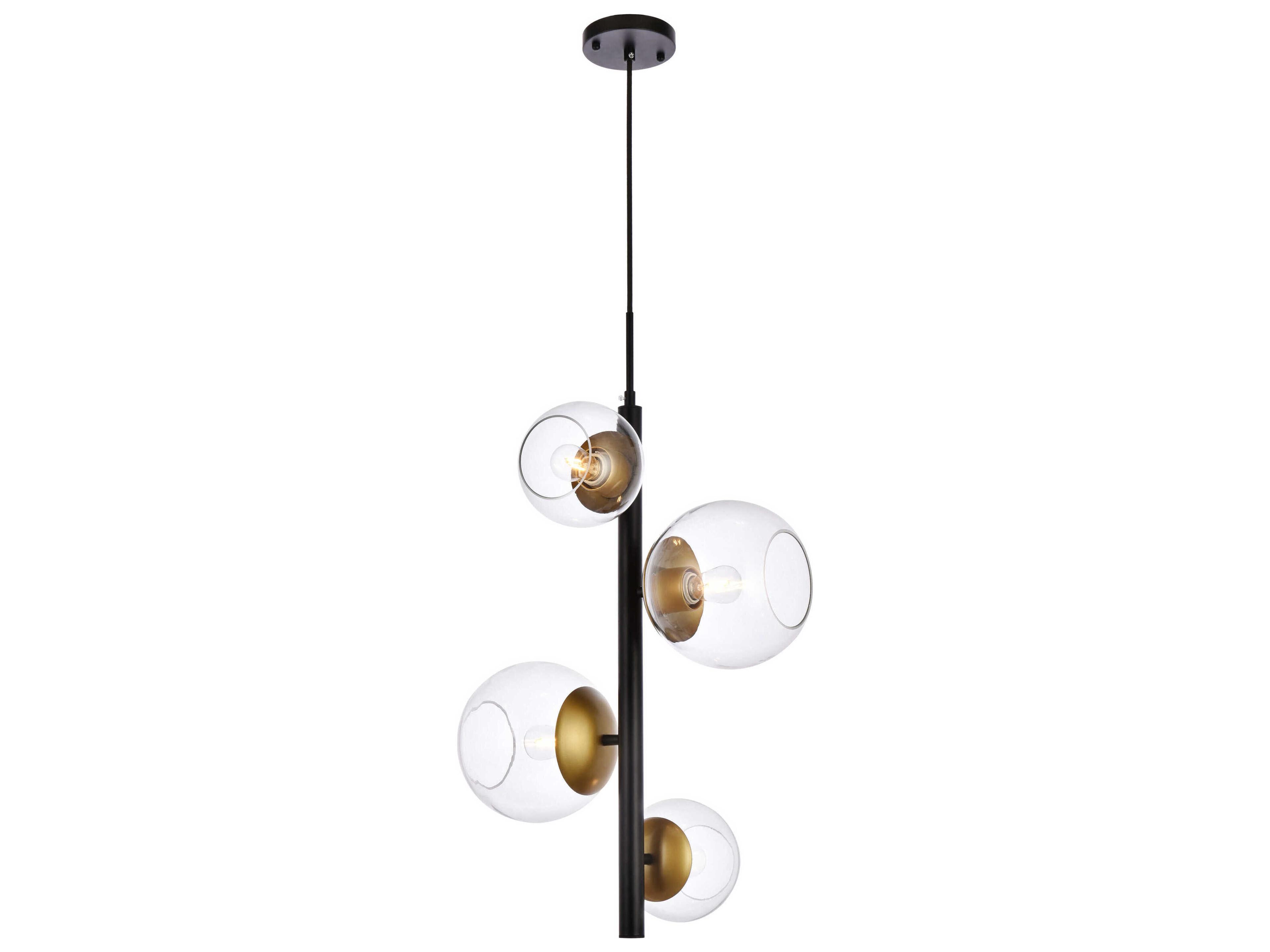 Elegant Lighting Wells 4-Light Black And Brass Clear Glass Globe Pendant