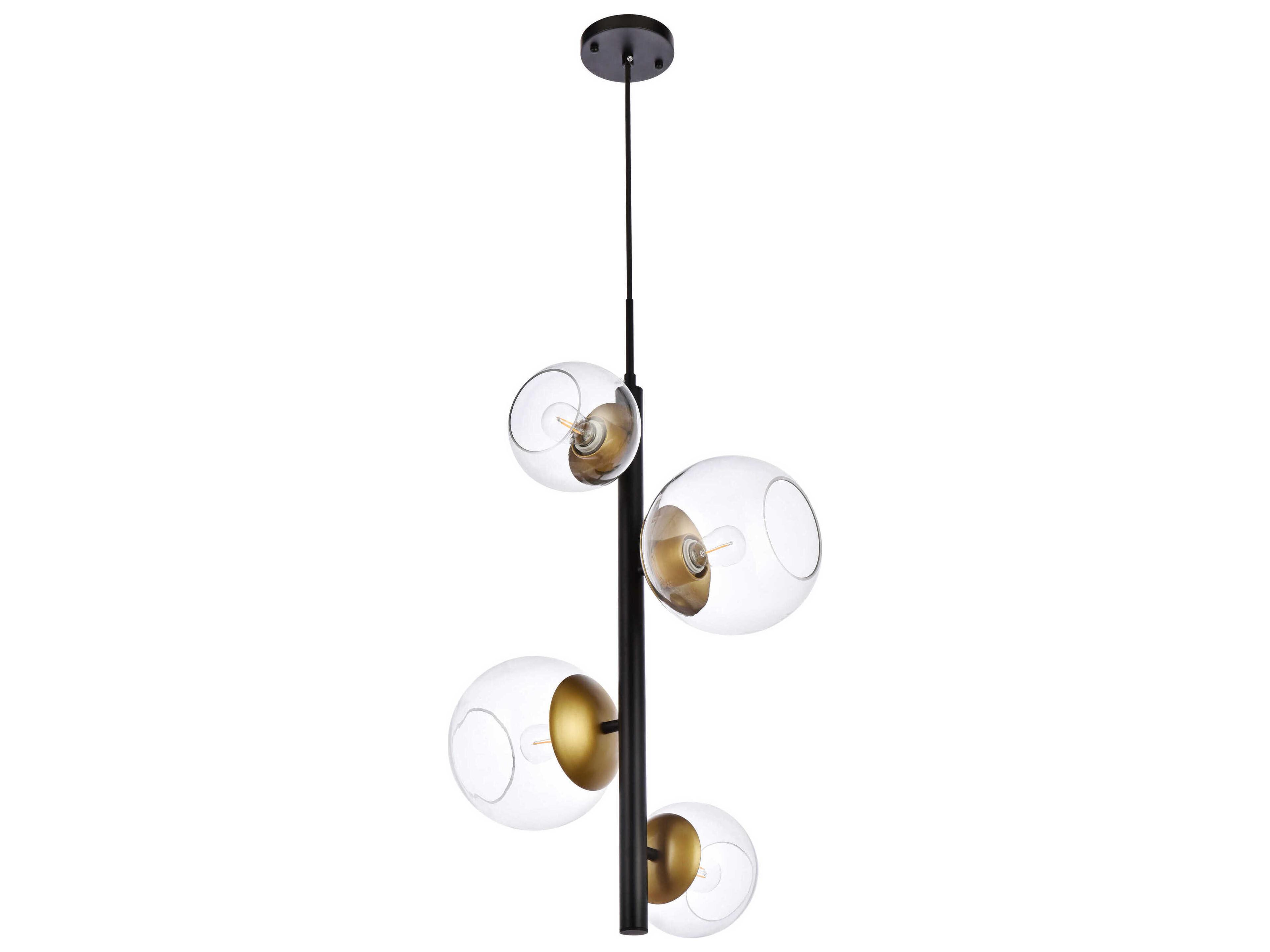 Elegant Lighting Wells 4-Light Black And Brass Clear Glass Globe Pendant