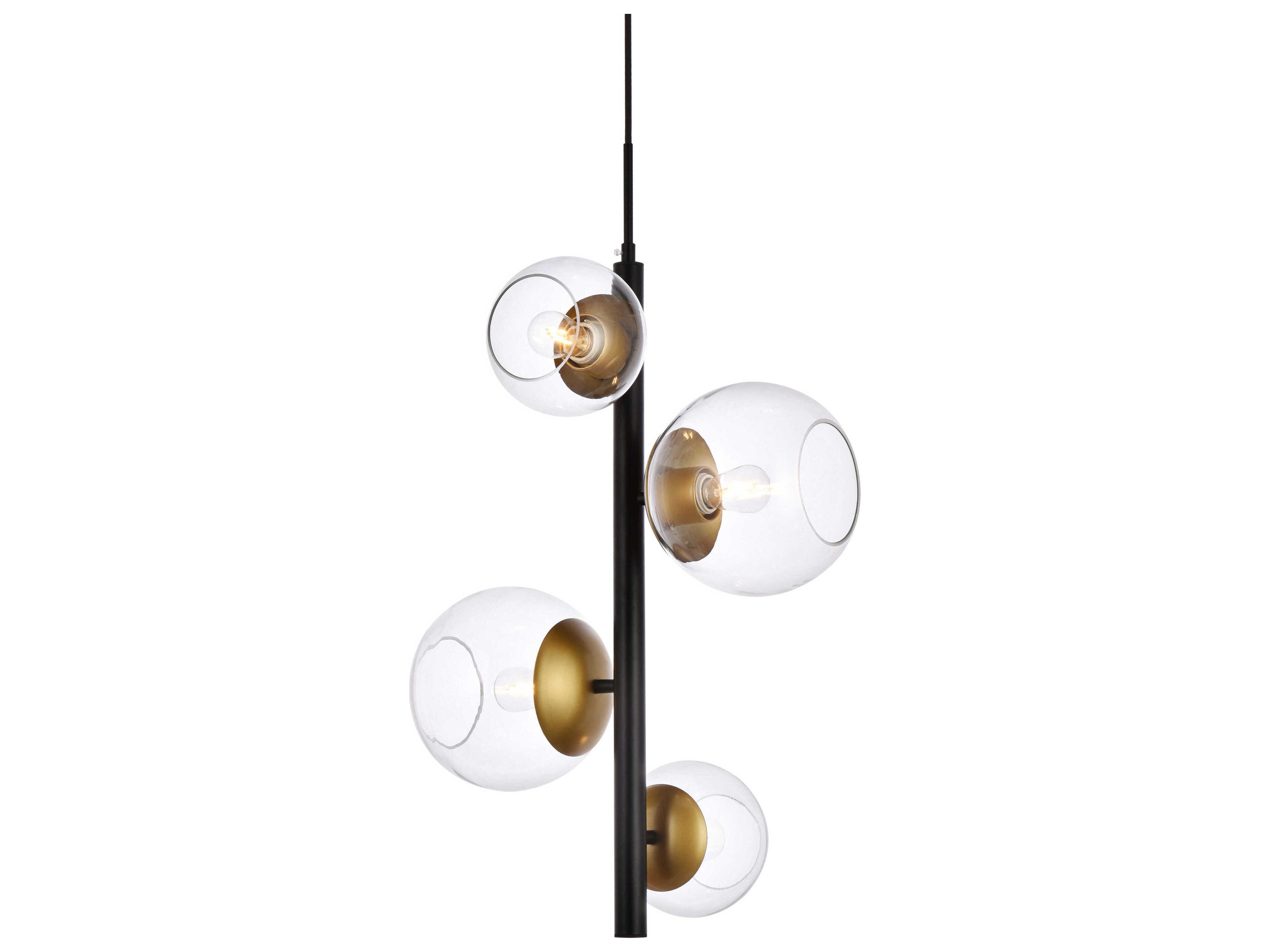 Elegant Lighting Wells 4-Light Black And Brass Clear Glass Globe Pendant
