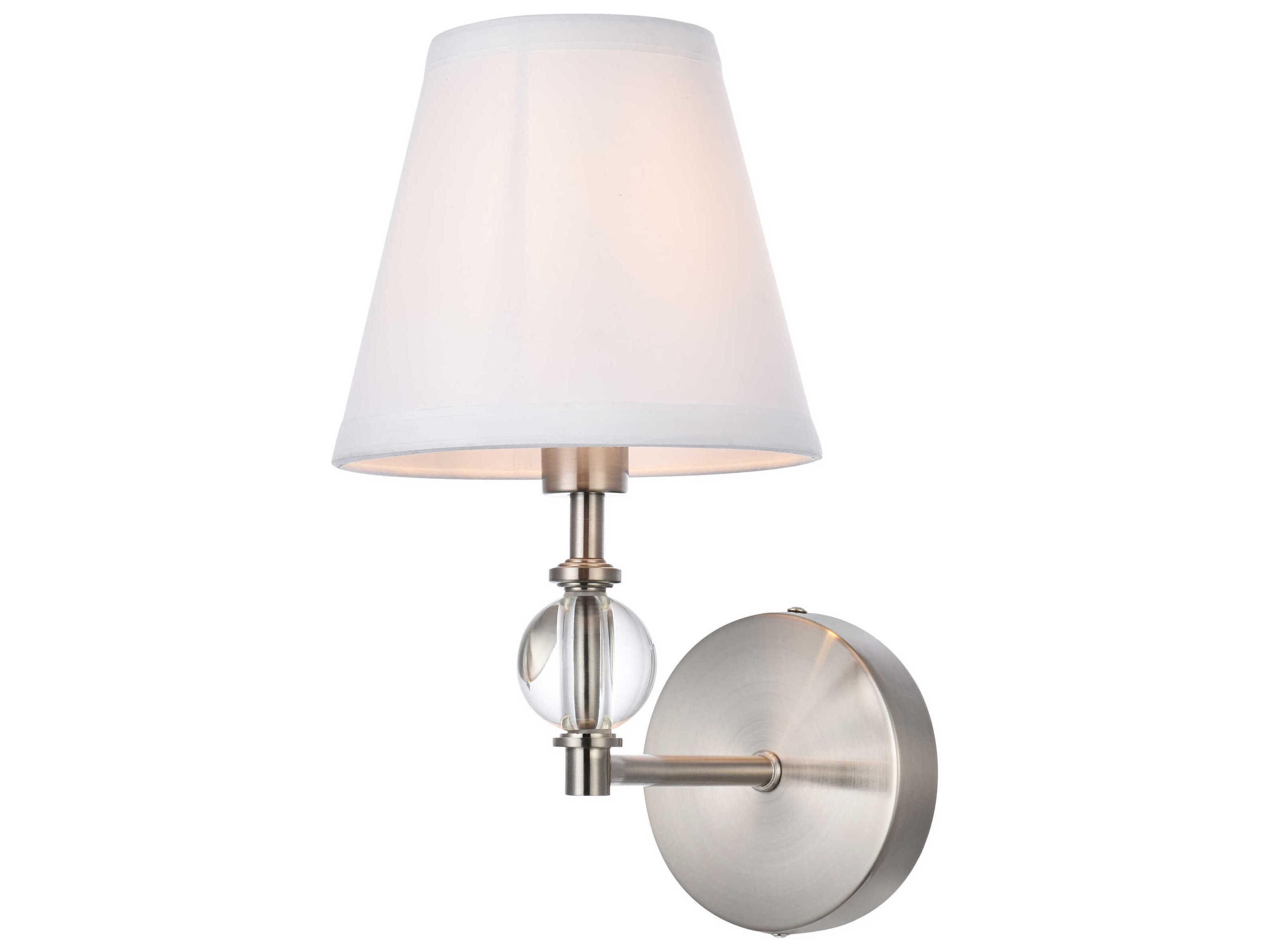 Elegant Lighting Bethany 1-Light Satin Nickel And White Fabric Shade Crystal Wall Sconce