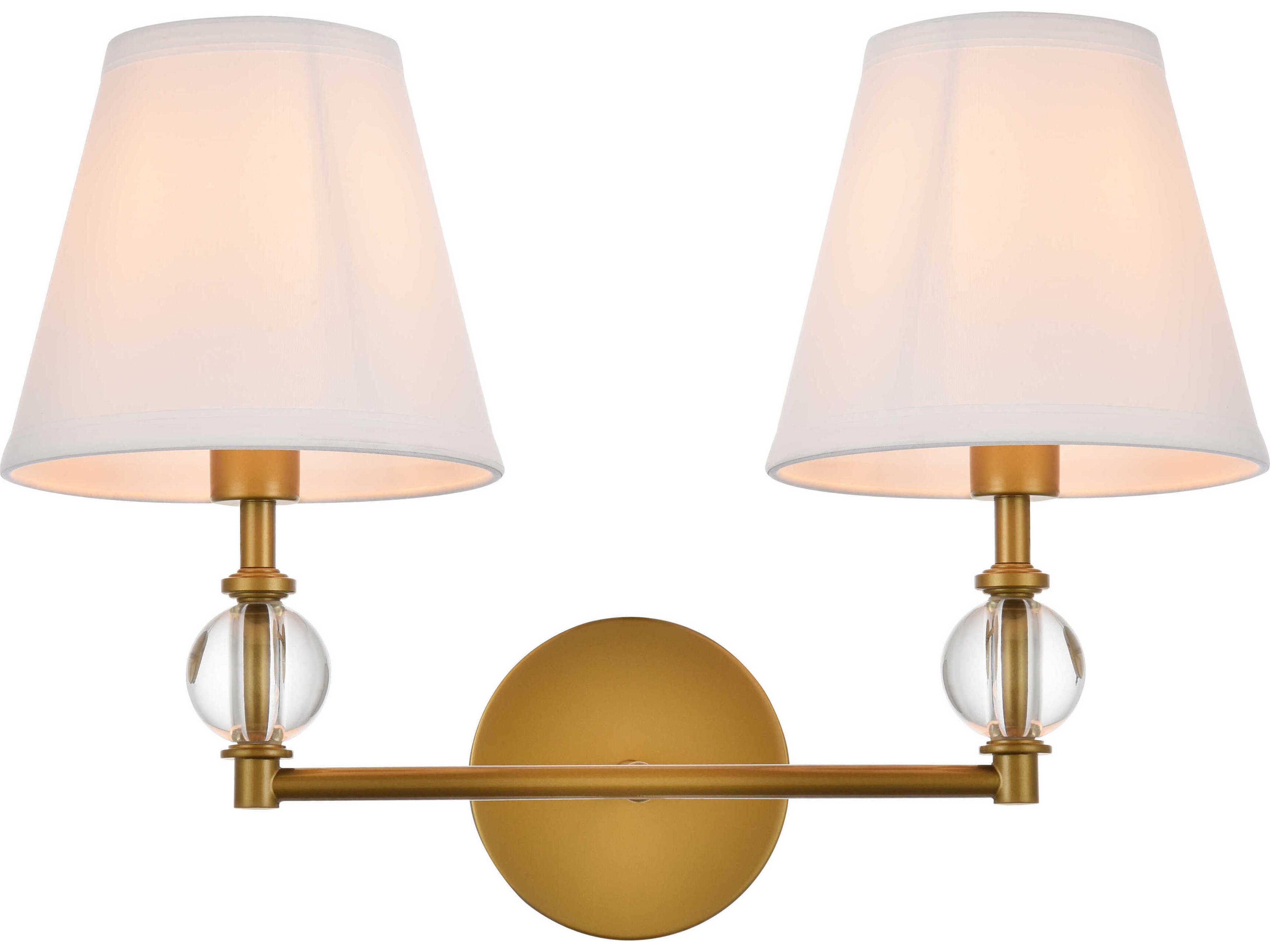 Bethany 2-Light Brass And White Fabric Shade Crystal Vanity Light
