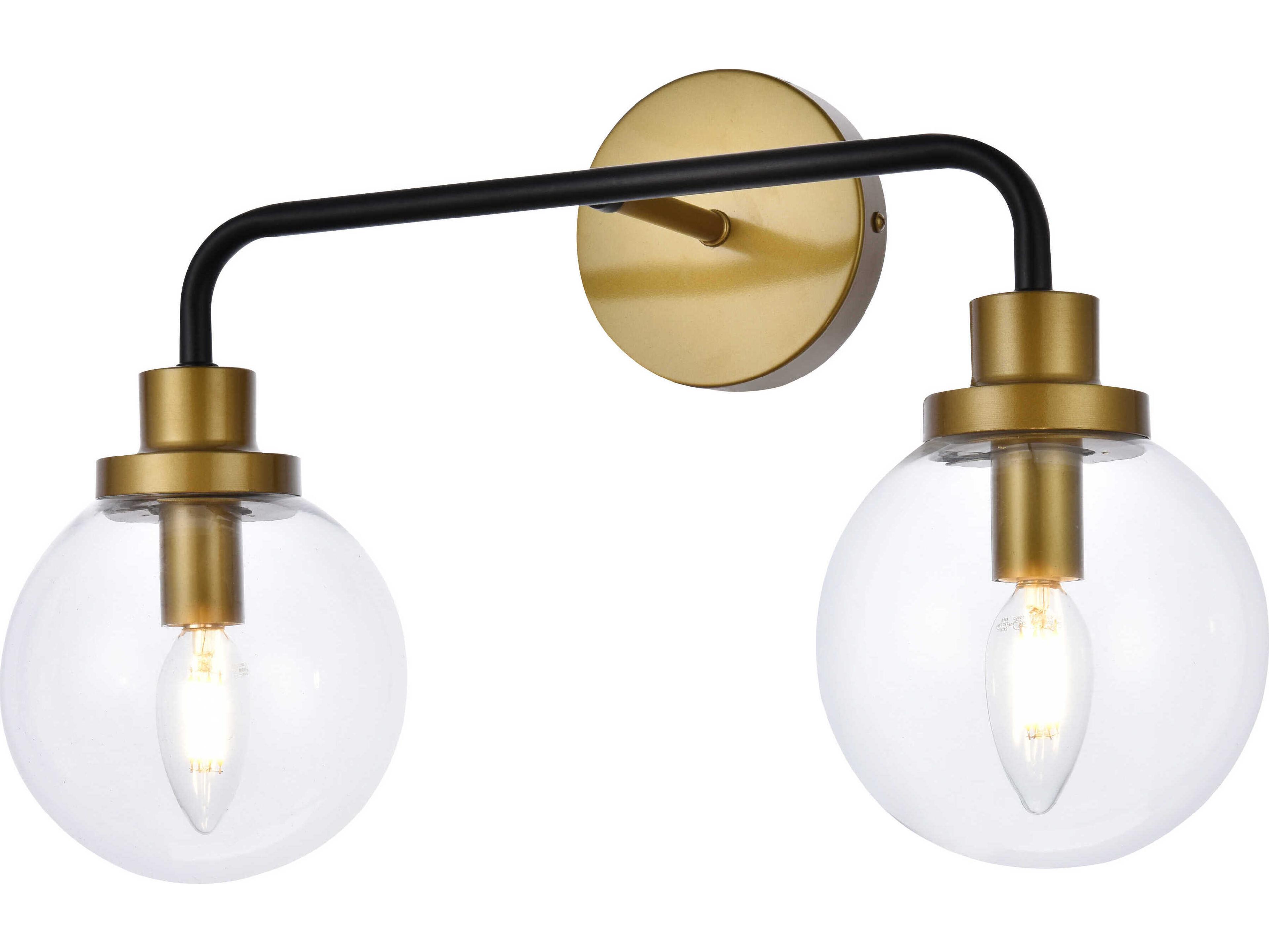 Elegant Lighting Hanson 2-Light Black And Brass Clear Shade Glass Vanity Light