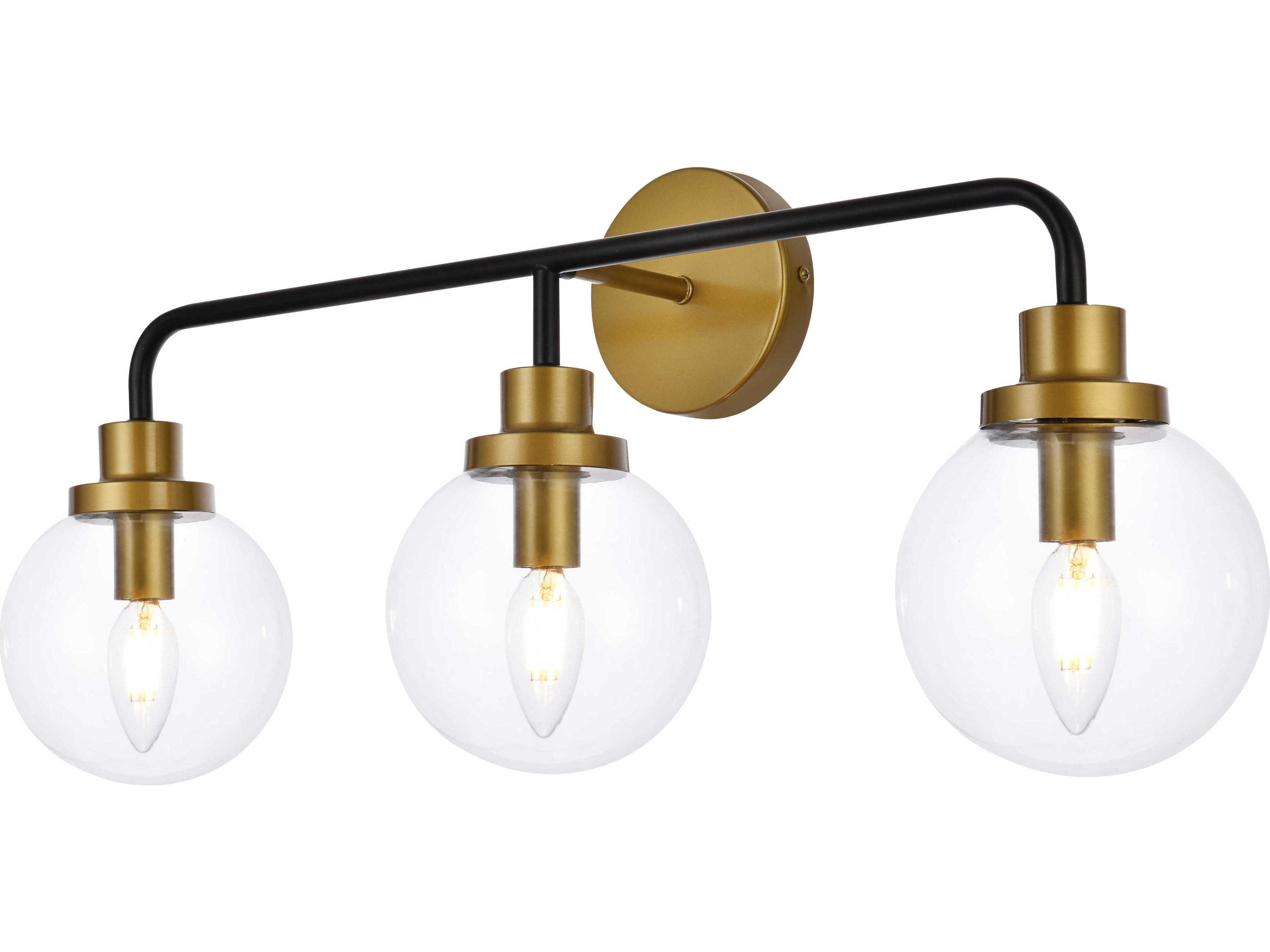 Elegant Lighting Hanson 3-Light Black And Brass Clear Shade Glass Vanity Light